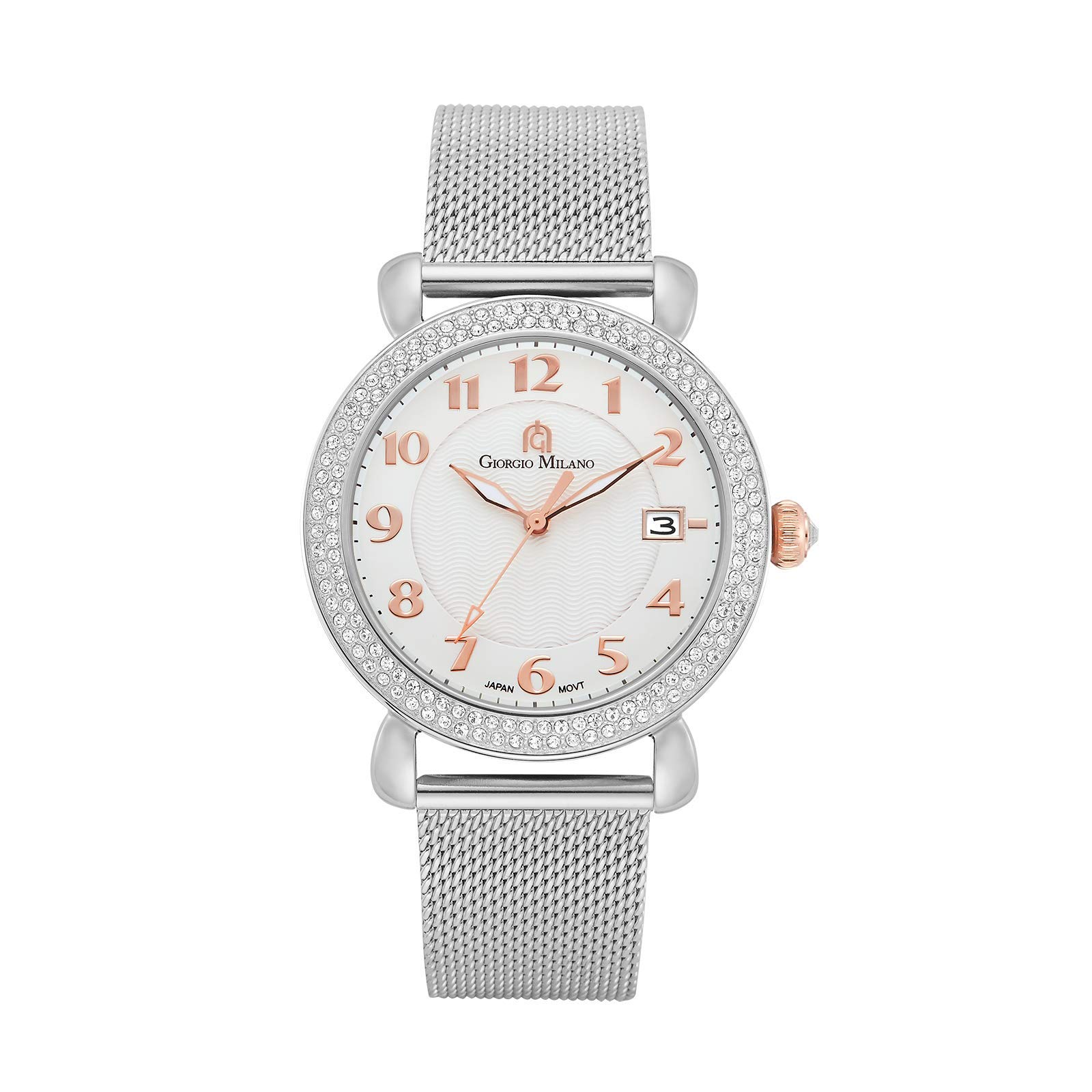 Giorgio Milano Wrist Watch for Women - Sparkly Womens Watches with Stone Bezel - Analog Hardex Silver Face with Date, Numbers and Index - 40 Mm Case - Shock and Water Resistant Stainless Steel Watch