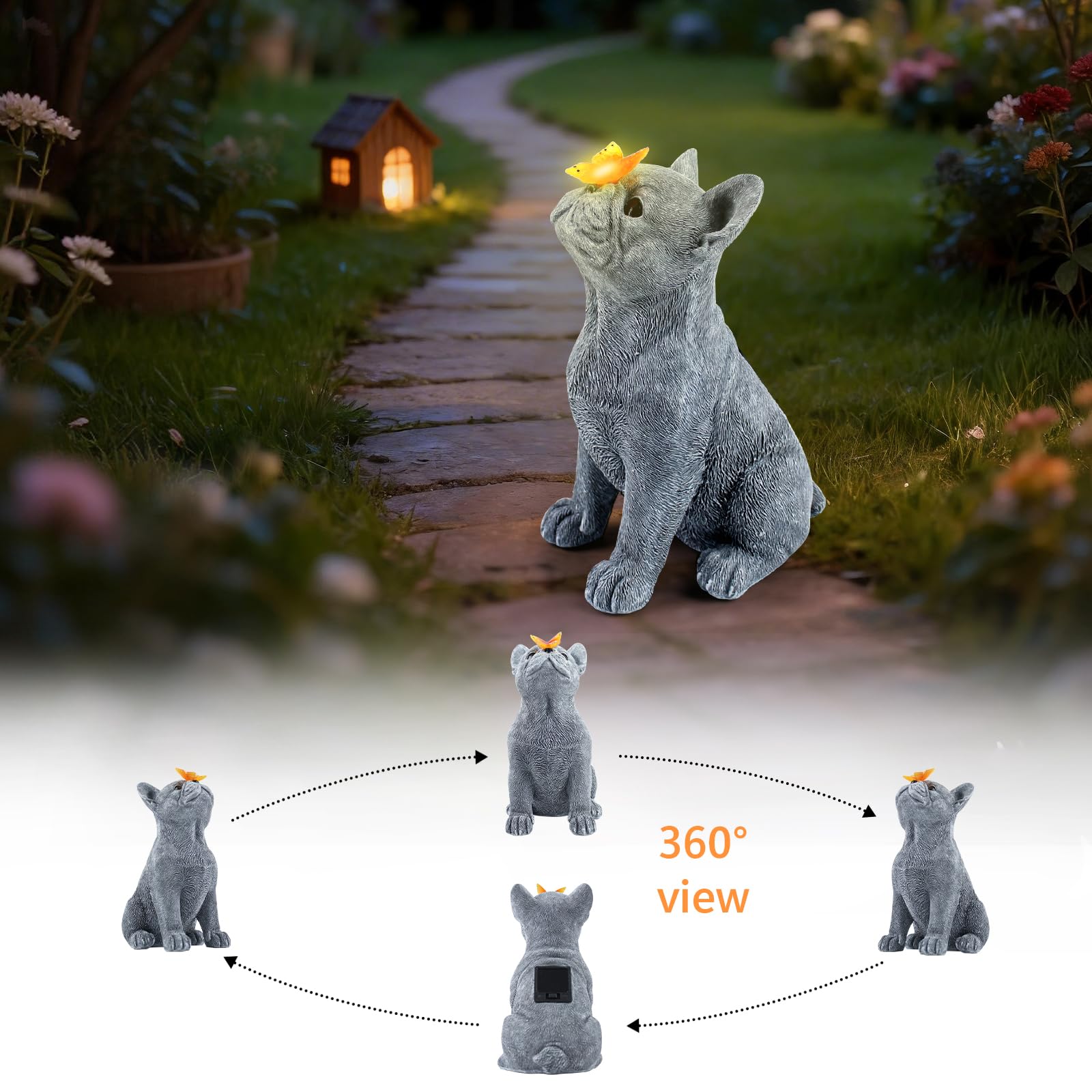 Statua a forma di cane con farfalla solare, simpatica statua da giardino a forma di bulldog francese, decorazione per esterni per cortile, prato, veranda, giardino in resina, decorazione per la