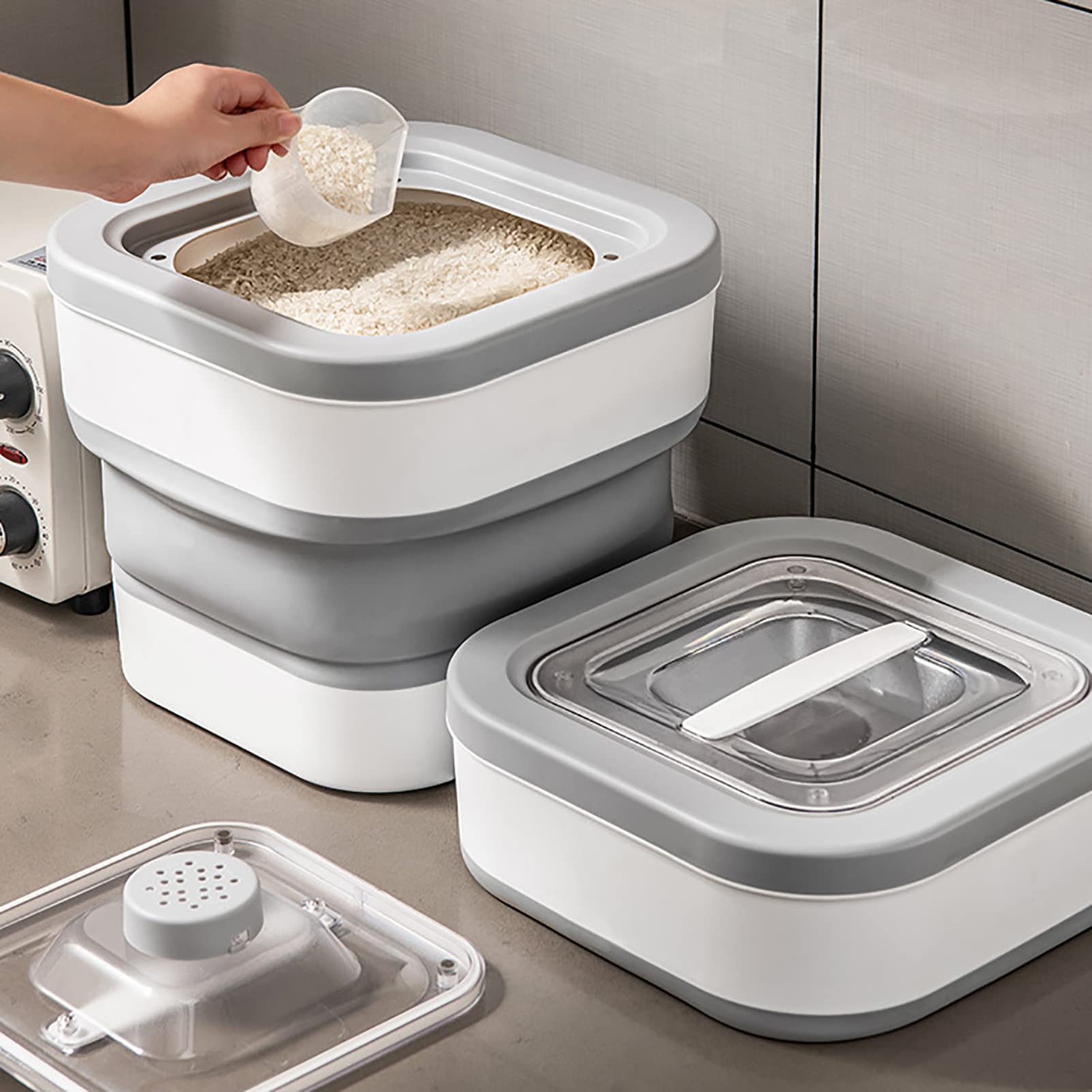 Contenitore Alimentare Raccoglibile per Riso, Capacità 12,5kg | Design sigillato, plastica resistente, comodo misurino, antipolvere, adatto per cereali e alimenti per animali domestici