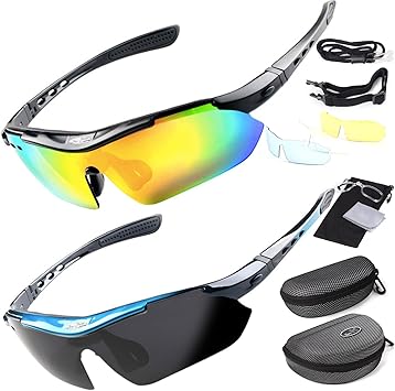 Amazon 2key 偏光レンズ スポーツサングラス サングラス2本 ケース2個 フルセット専用交換レンズ5枚 ユニセックス 6カラー ブラック黒 ブルー青 2key スポーツサングラス