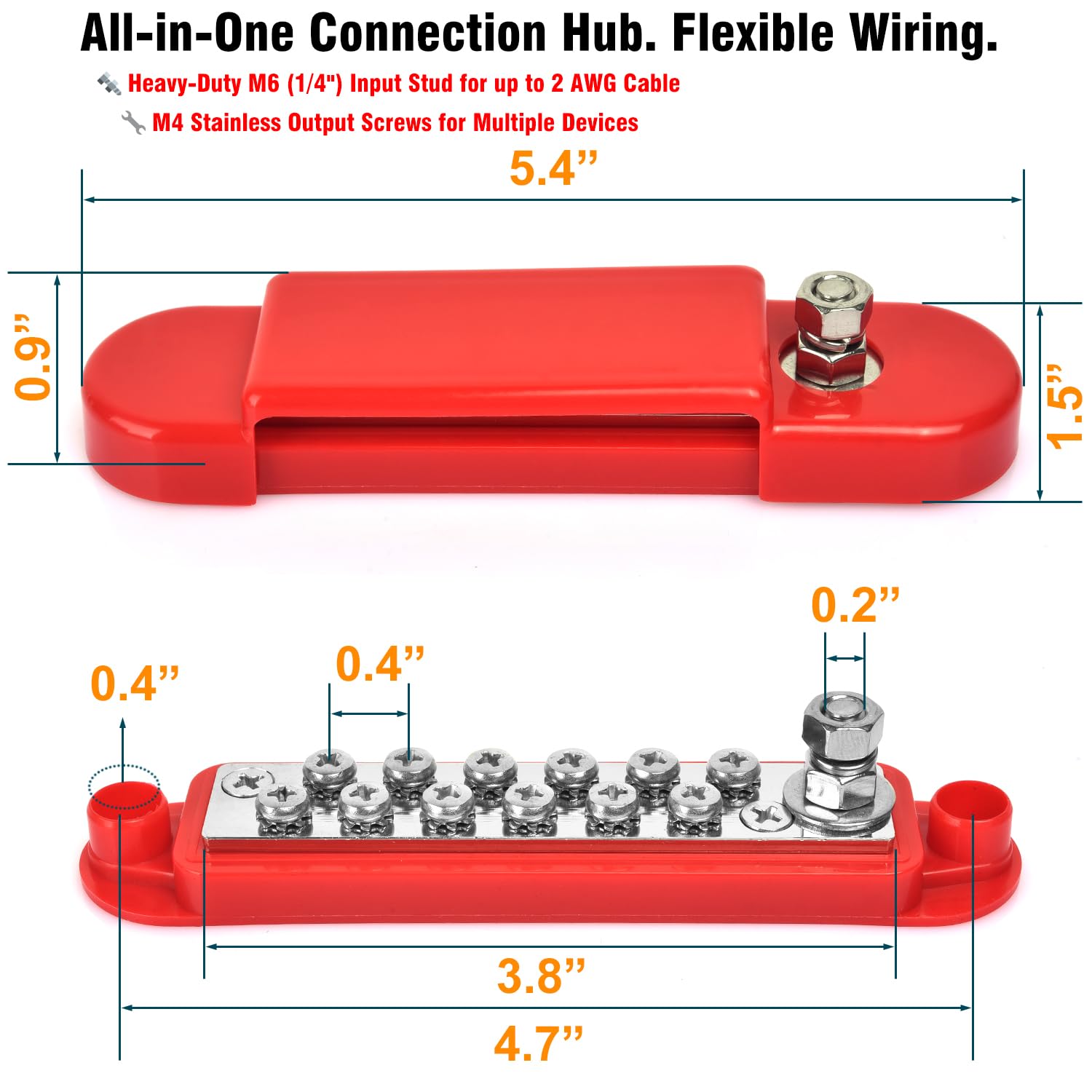 Power Distribution Block - 12V 150A, Dual Bus Bar with 1/4" Stud & M4 Terminals - Marine Grade Tinned Copper Battery Busbar for Boat, Automotive, RV, Solar System Wiring (Positive & Negative Set)