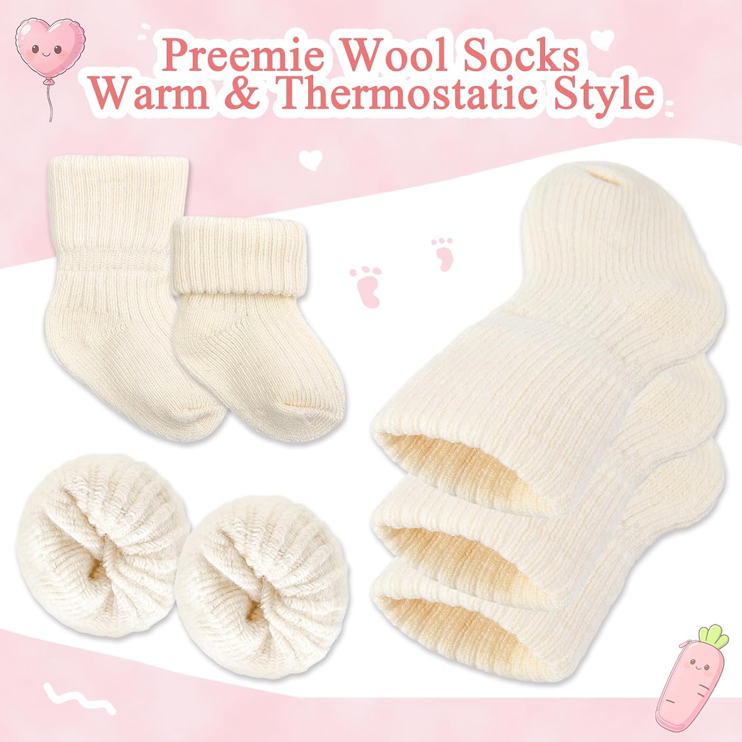 8 Pairs Baby Girl Socks Newborn & Preemie, Wool Blend Turn Cuff Infant Socks for NICU Hospital