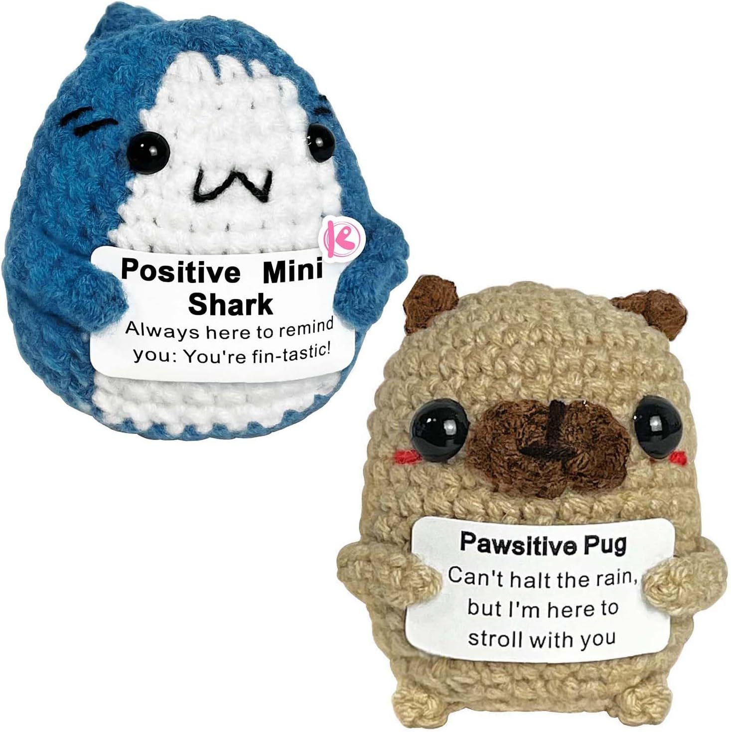 Krinisou Positive Crochet Emotional Plush Shark Gifts, Pug Lovers Birthday Gift for Women