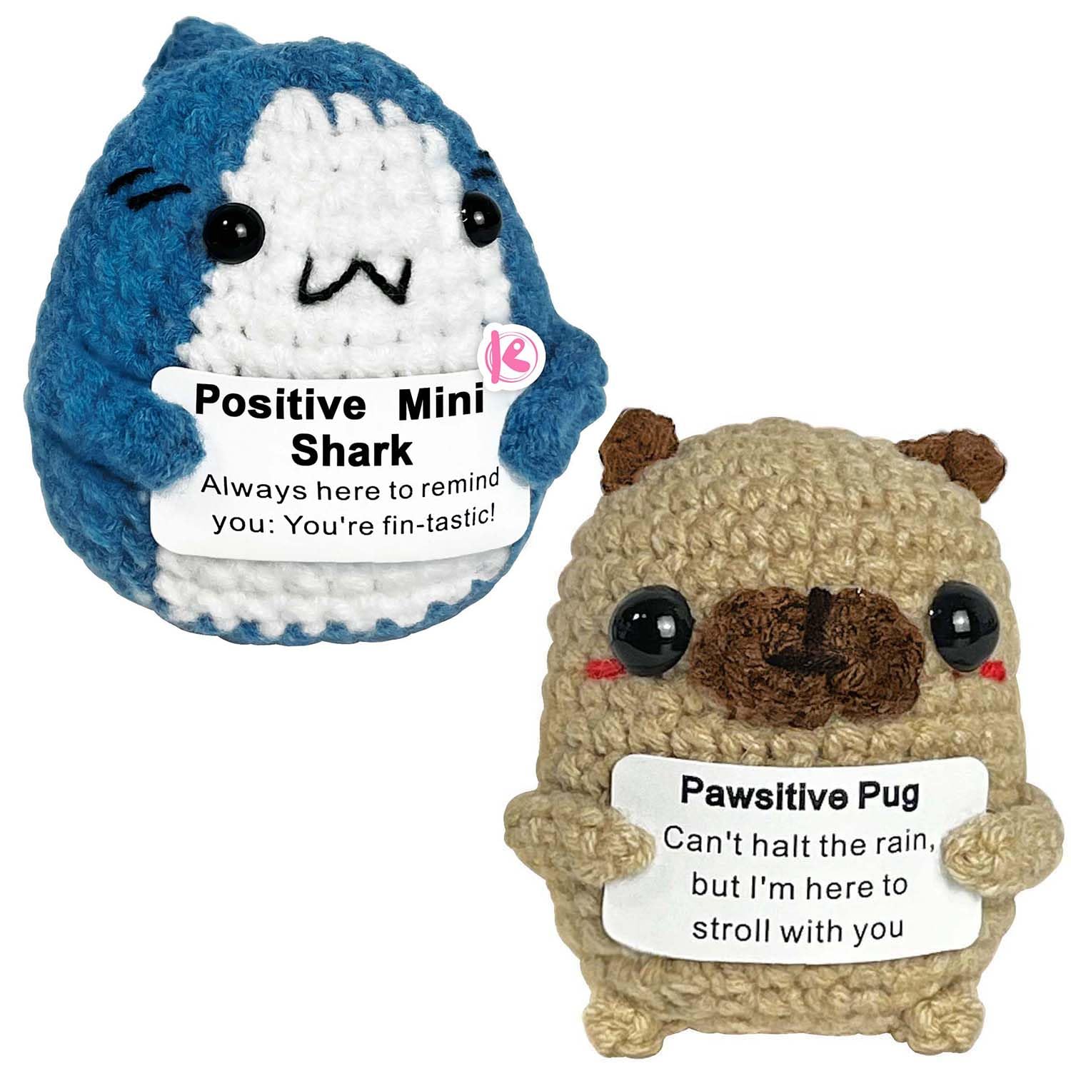 Krinisou Positive Crochet Emotional Plush Shark Gifts, Pug Lovers Birthday Gift for Women