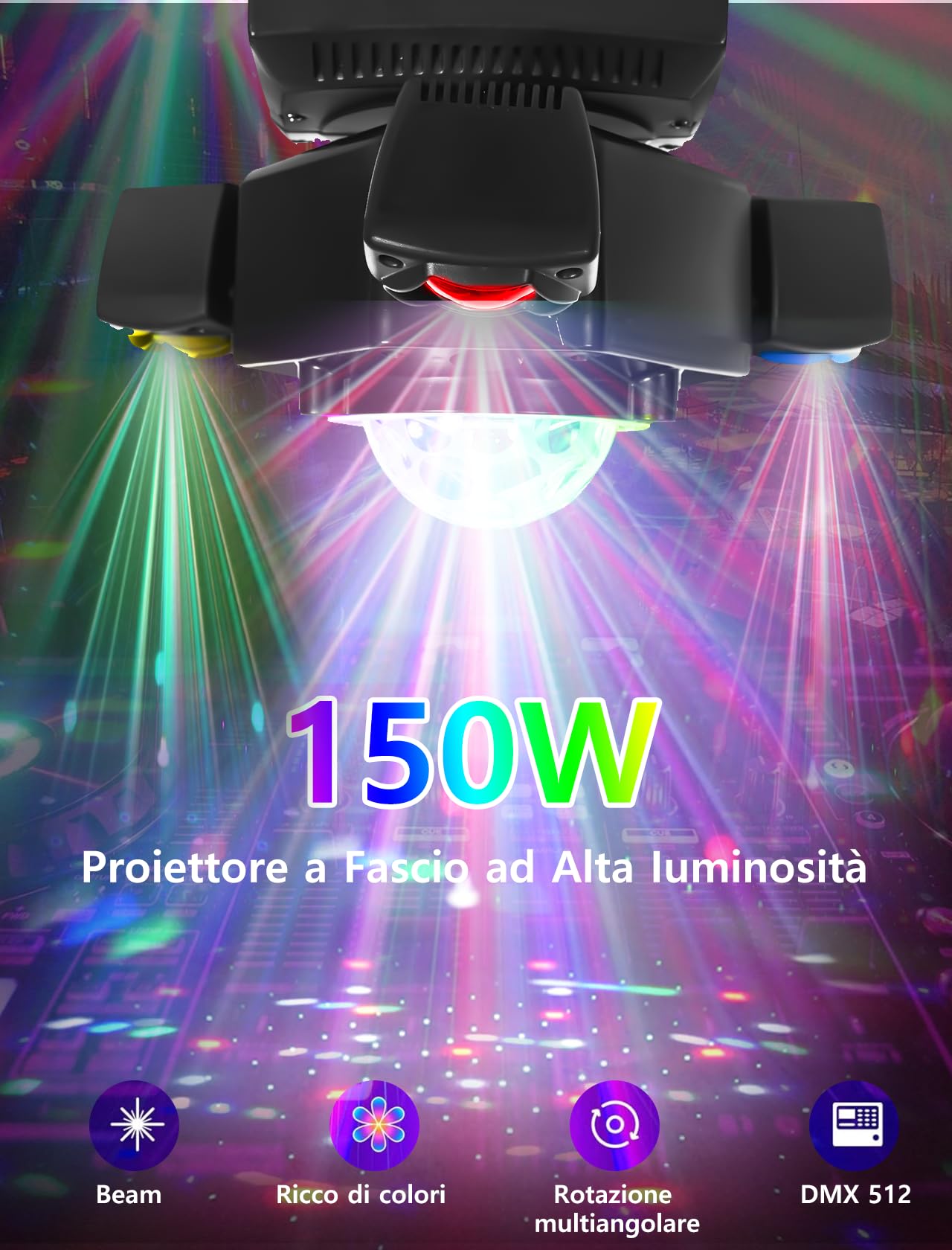 150W Luci da Discoteca a Testa Mobile, Teste Mobili Luci LED RGBW con Controller DMX e attivazione Sonora, 25CH, con Telecomando, Beam Luci da Discoteca Rotazione per Festa Discoteca DJ Bar Matrimoni