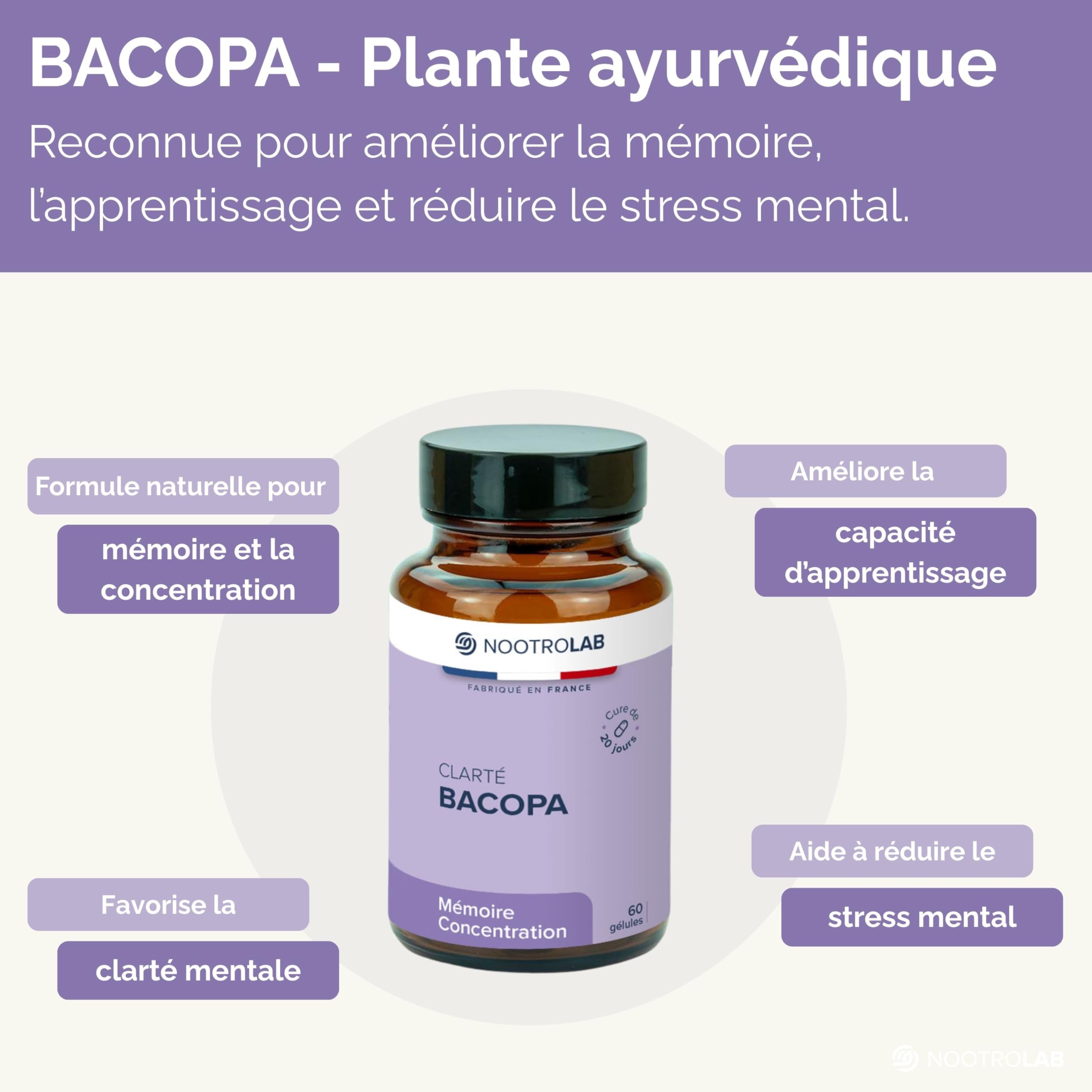 Bacopa Monnieri – Cure de 20 jours -1125 mg - Mémoire, Concentration & Clarté Mentale – Soutien Cognitif Naturel – 60 Gélules Végétales – Nootrolab - Cure de 20 jours