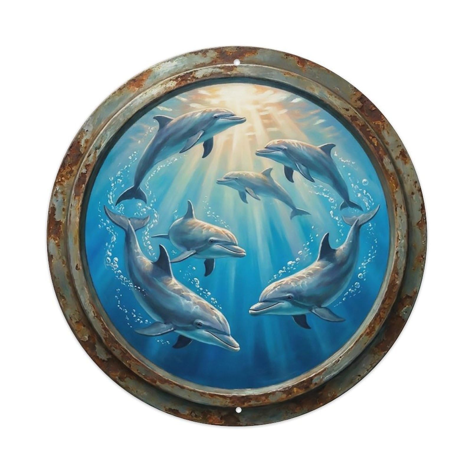 Vintage Porthole Dolphin Playful Ship Window Undersea Deep Sea Metal Tin Sign