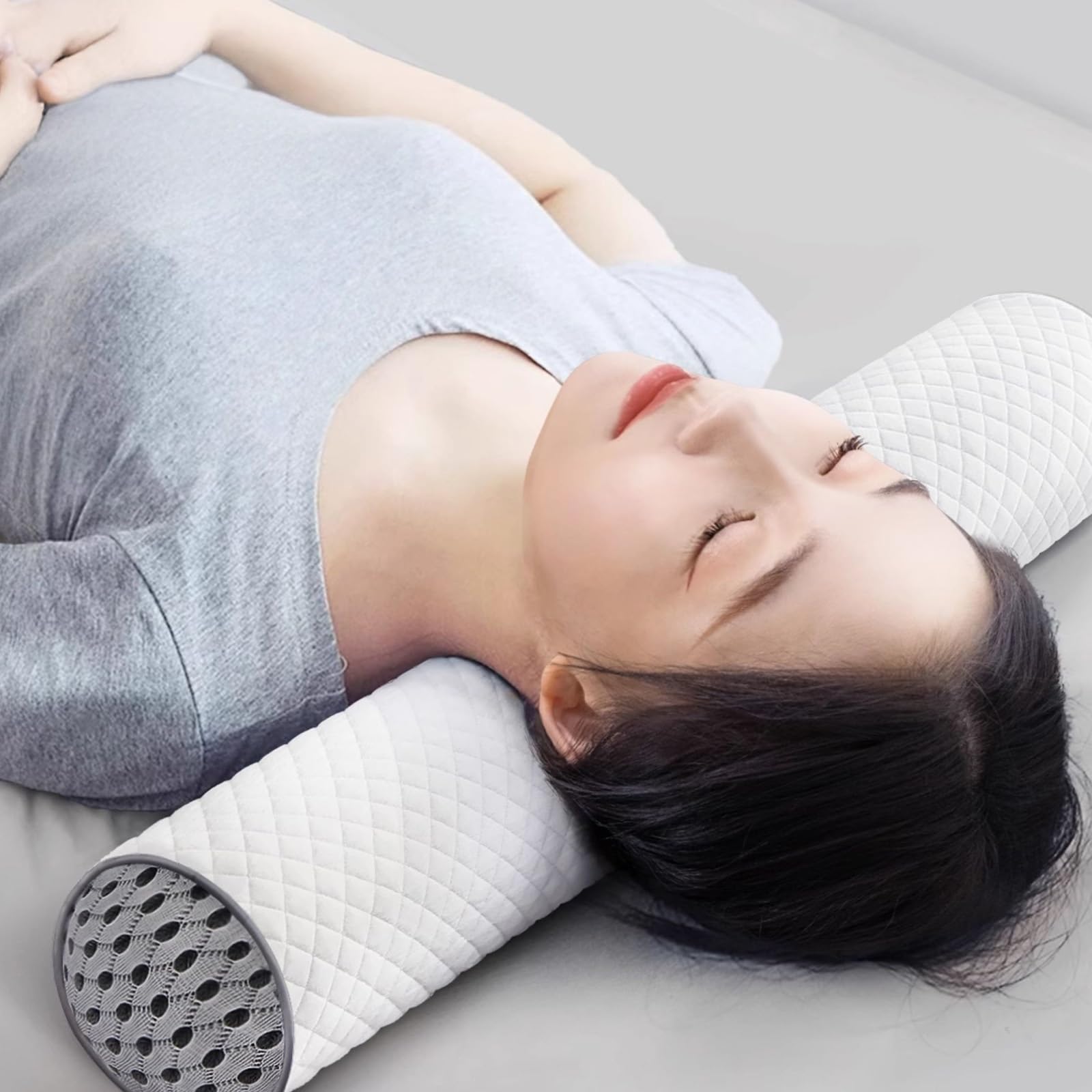 Oreiller en Rouleau De Mousse À Mémoire De Forme Oreiller Cylindrique Rond Oreiller Cervical en Rouleau Doux Traversin du Cou Coussin Lombaire Cale De Sommeil for Jambe Genou(Grey)