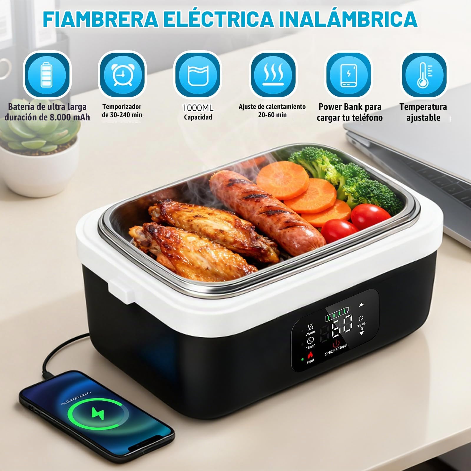 Lonchera eléctrica inalámbrica con temporizador y calefacción ajustable | calentador de alimentos portátil de acero inoxidable, fiambreras con calefacción con bolsa aislada para camión, coche