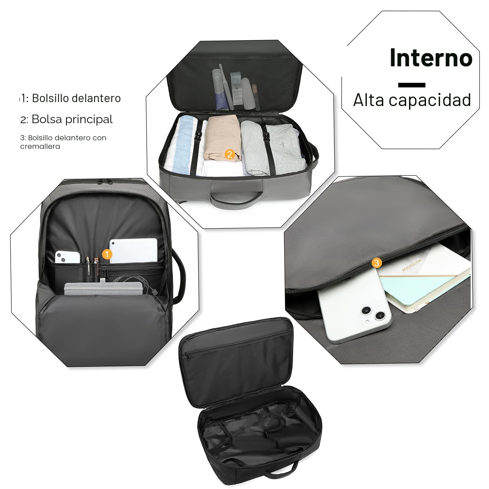 Kono Mochila Viaje Cabina Avion 55x35x20, Maleta Cabina, Mochila de Viaje con Correa Ajustable, Equipaje de Mano 38L para Hombres y Mujeres (Gris)