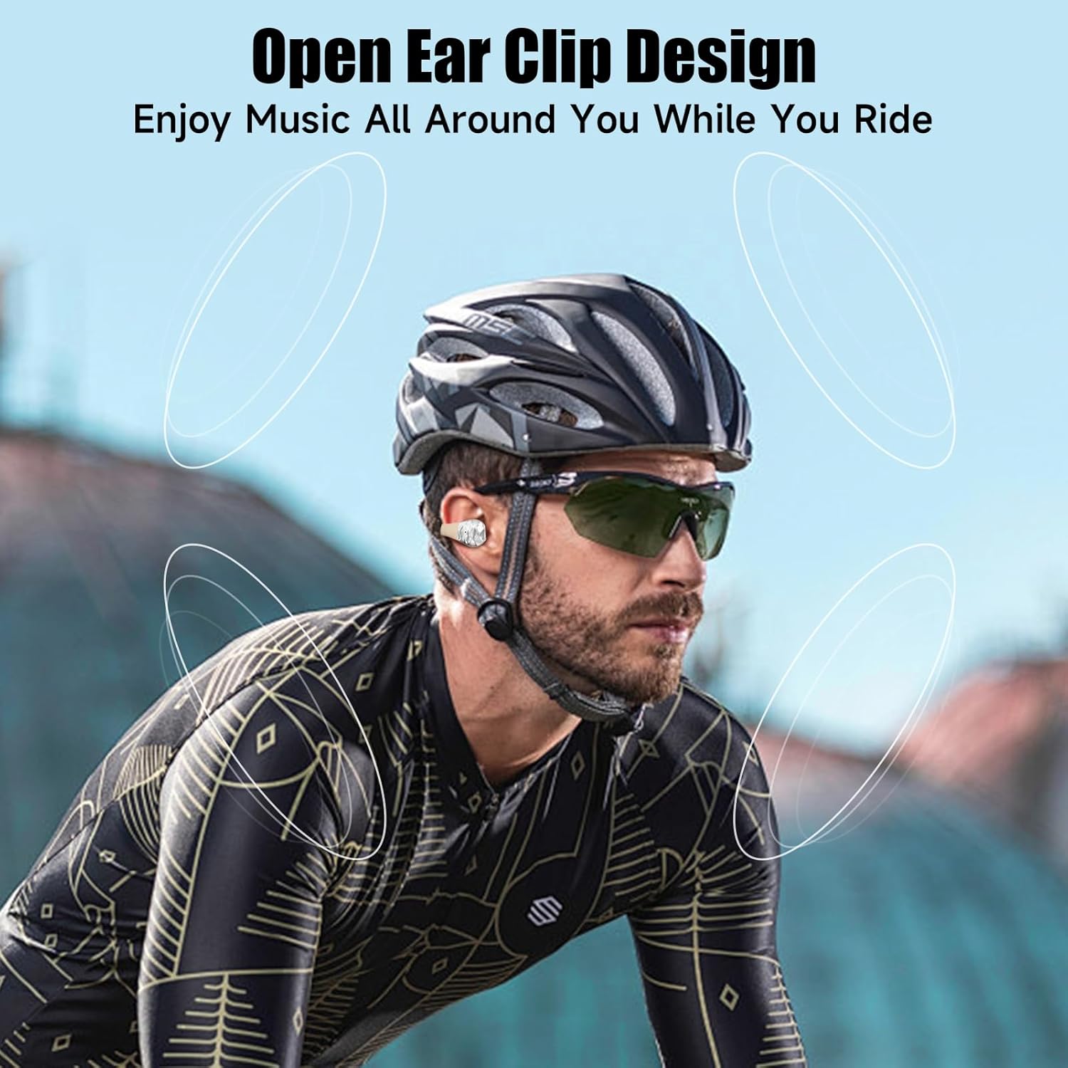 Person wearing aigo SA03 Open Ear Earbuds while cycling