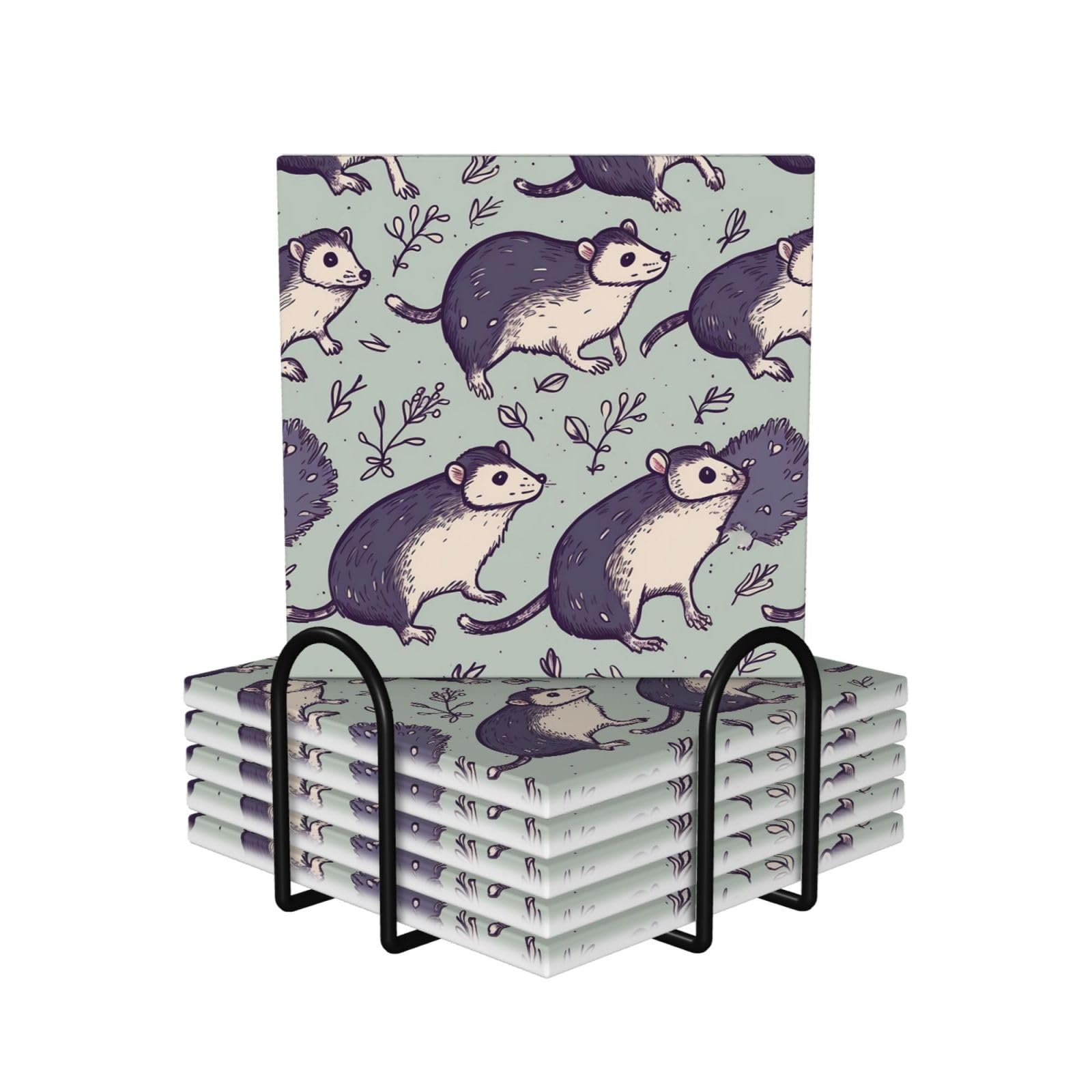6Pcs Ceramics Coaster for Drinks, Opossum Cup Coasters with Holder, Aesthetic Drink Coasters for Coffee Table, Absorbent Round Coaster for Tabletop Protection 4" Cup Mat Pad