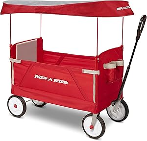 Radio Flyer 3 in 1 EZ Fold Stroller Wagon with Canopy and Adjustable Handle, Red