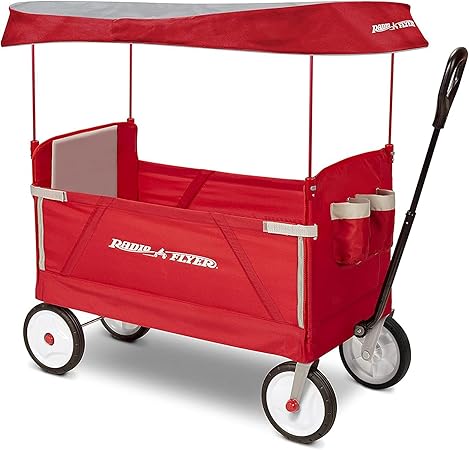 Radio Flyer Foldable Wagon for Kids, Rolling Cart, Baby Stroller, Beach Cart, 3-in-1 EZ Fold Stroller Wagon with Canopy, Red, for Ages 1.5+ Years