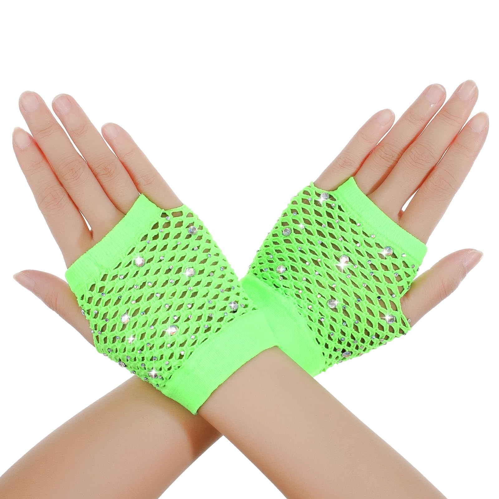 Rhinestone Fishnet Gloves Fingerless Sparkly Short Mesh Net Arm Sleeves