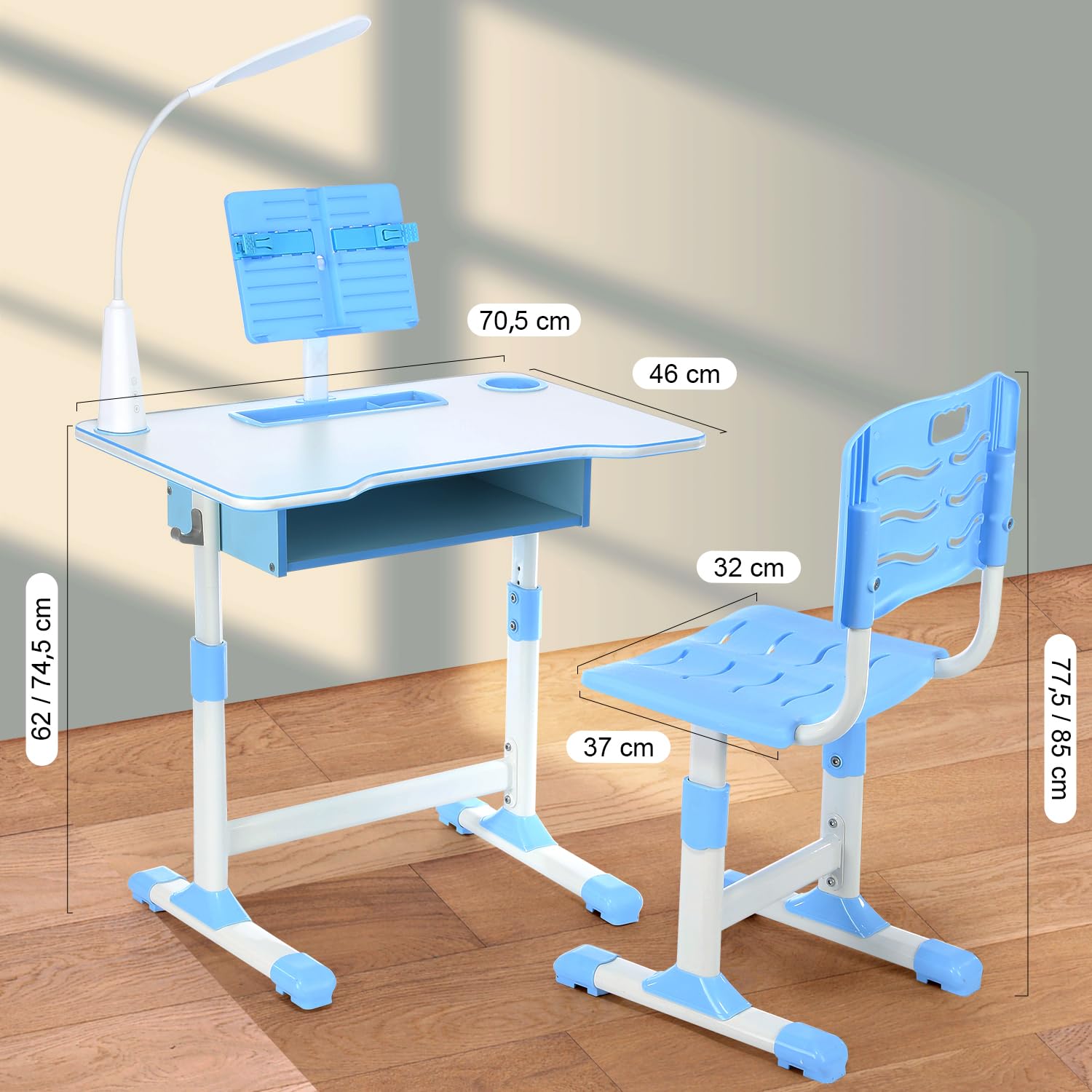 Kinderschreibtisch Set mit Bücherständer & LED-Licht, höhenverstellbarer Kindertisch und Stuhl mit Tischplatte & Schublade, Kinder Schreibtisch für Jungs & Mädchen (Blau), FA0021