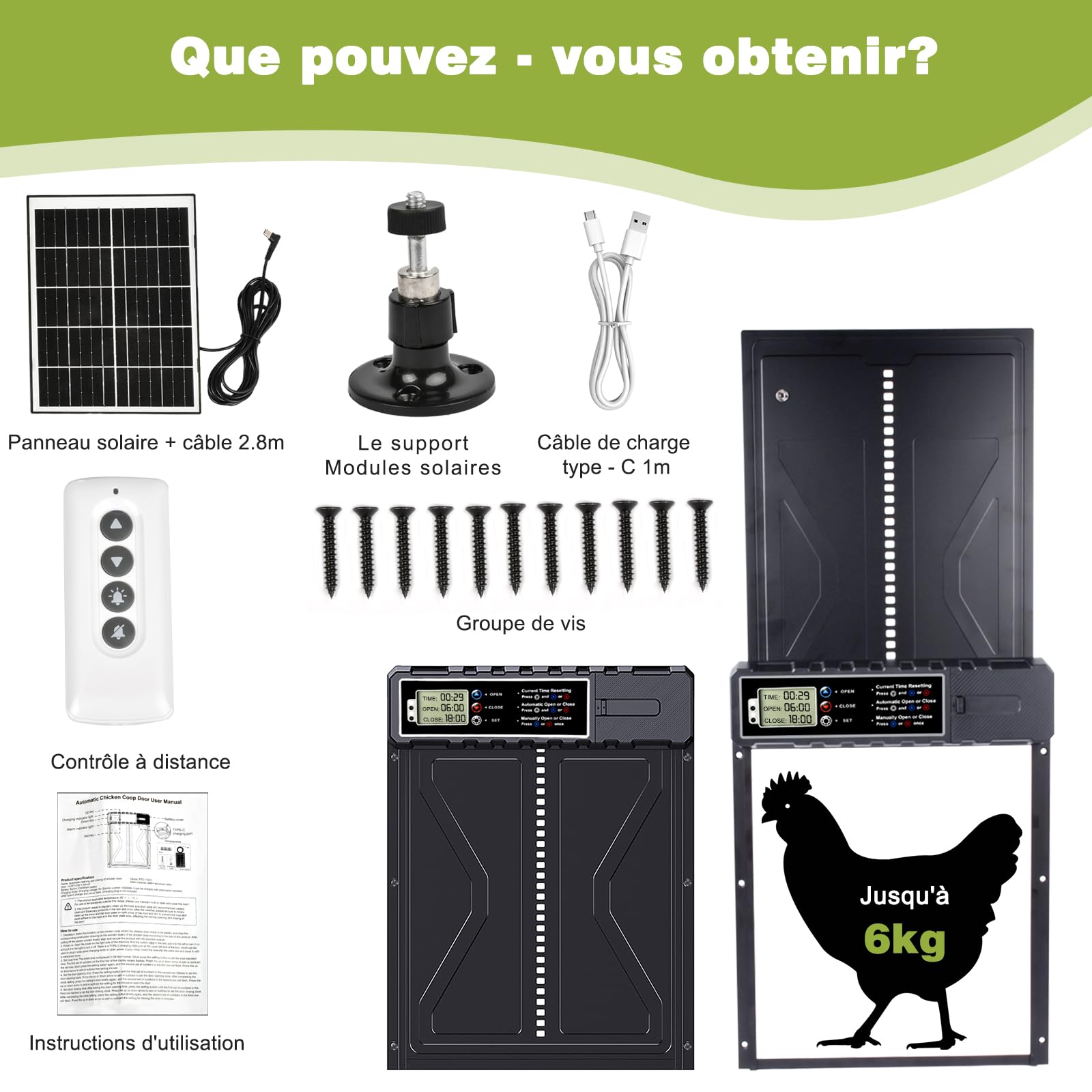 Grande Taille Porte Poulailler Automatique Solaire,Automatique Poulailler en Aluminium avec 7W Panneaux Solaires, Deux méthodes de Chargement Minuterie, Affichage LED, Télécommande