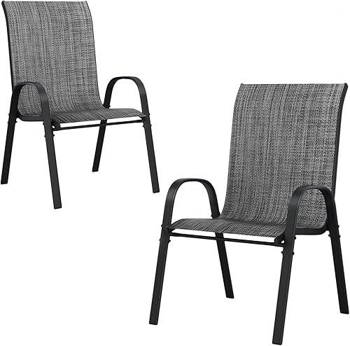 Miniatura 10 de UDPATIO Juego de 2 sillas de patio, sillas de comedor apilables plateadas para exteriores con respaldo alto, silla de tela de textileno transpirable