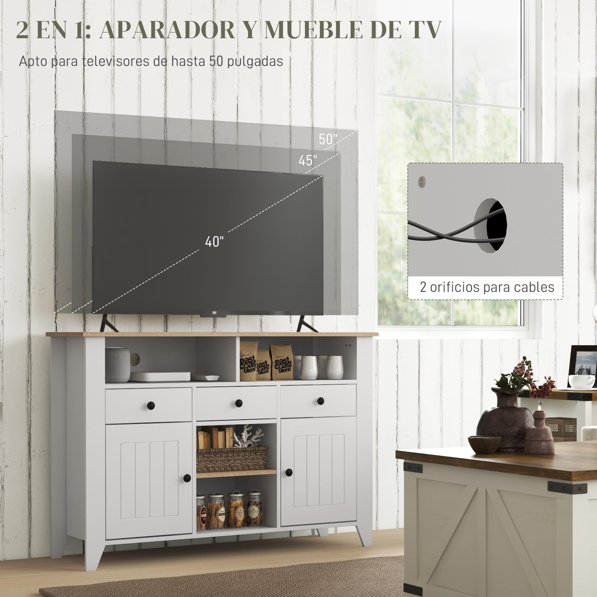 HOMCOM Aparador de Cocina Moderno 2 Puertas 120x38x81,5 cm Blanco y Roble | Mesa para Televisores de 50 Pulgadas, 3 Cajones, 2 Estantes Abiertas, 2 Estantes Regulables