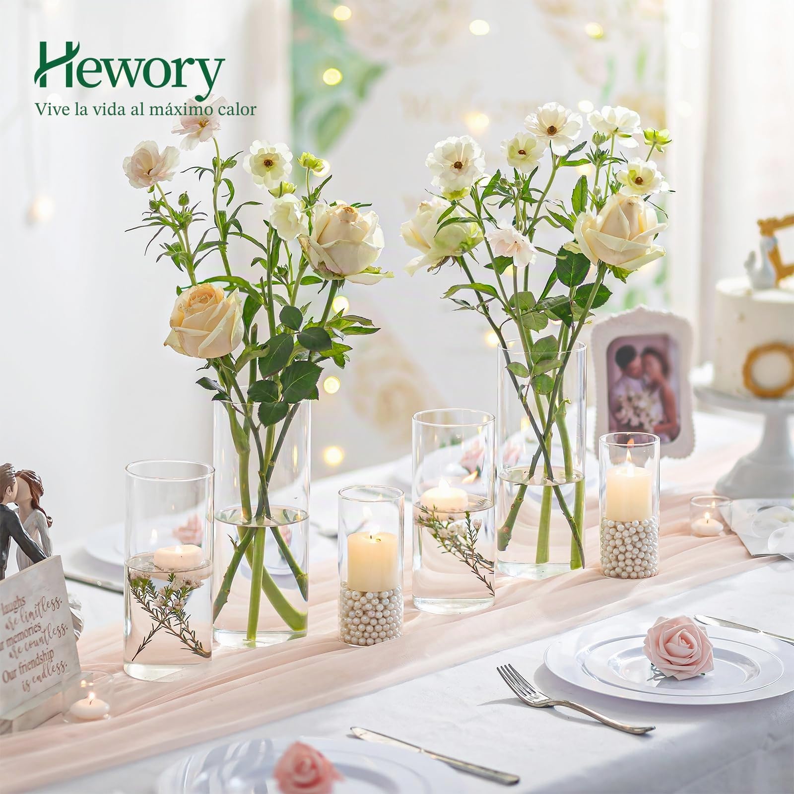 Hewory Jarrones cilíndricos de Vidrio para decoración de Mesa, Juego de 6 jarrones Transparentes para Eventos de Boda centros, portavelas de huracán para Velas flotantes, para Sala de Estar del hogar