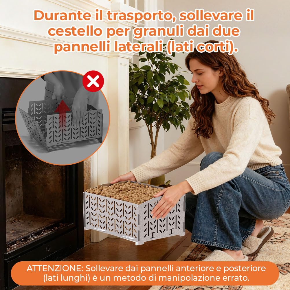 OUSFOT Cestino a pellet per caminetto in acciaio inox 430, contenitore a pellet, 30 x 25 x 17 cm, 2,8 kg, portatile, cestino granulare per intarsi, cestello per stufa a legna, camino aperto