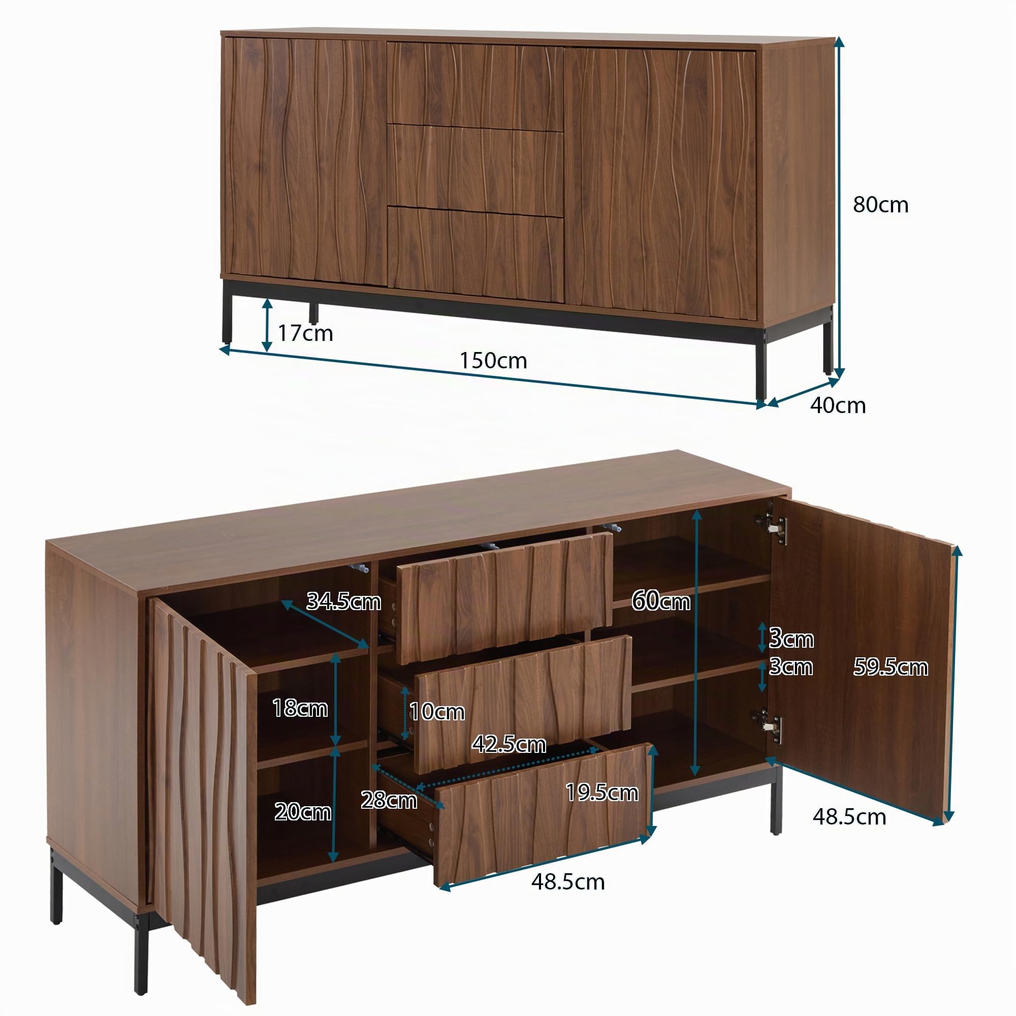 Sideboard 150cm Eiche dunkel gemasert, 3 Schubladen, großes Sideboard, Küchenschrank, Einteilige Aussparung, Mid Century Modern Dekorativer Schrank für Küche, Wohnzimmer, Eingangsbereich, Flur