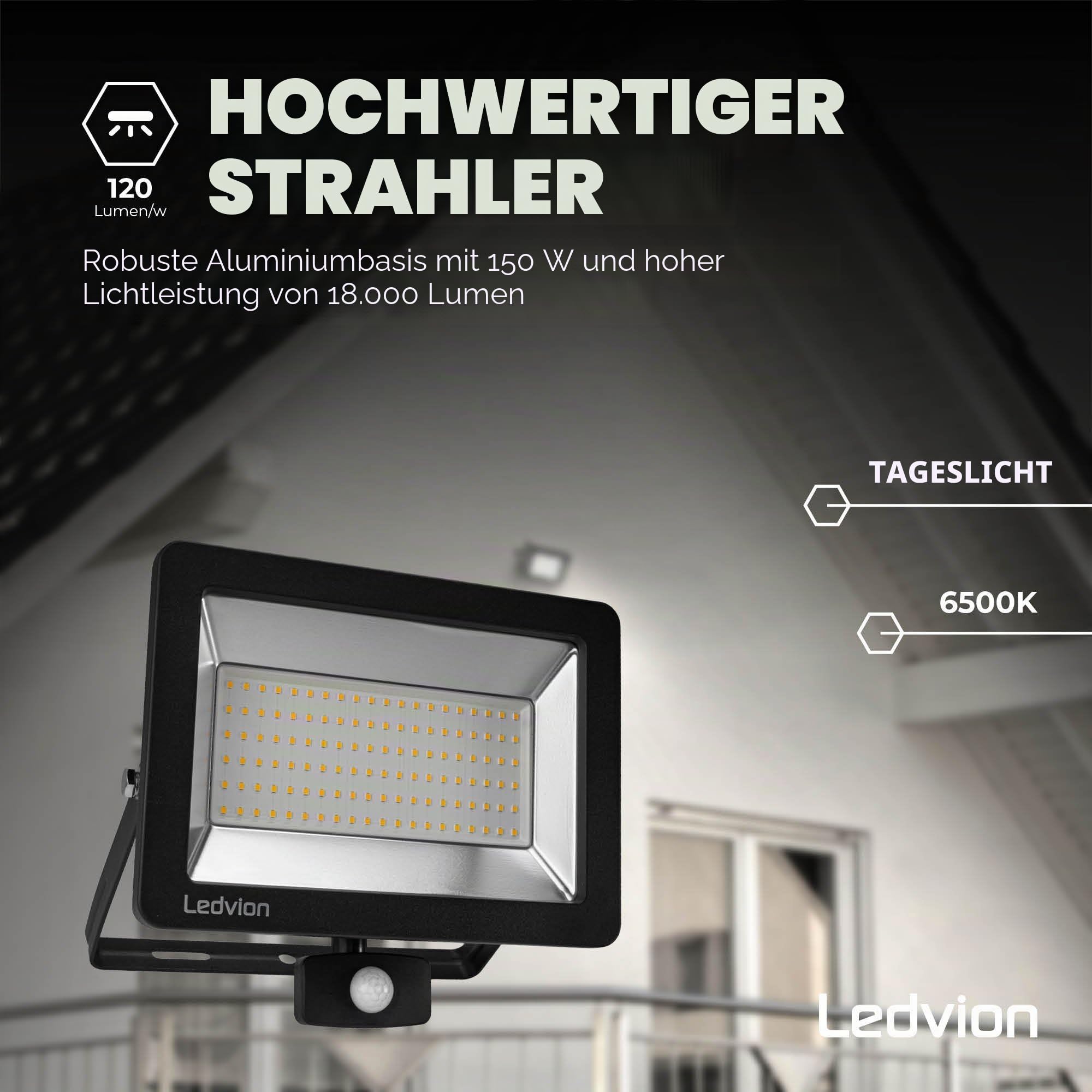 Ledvion LED Strahler mit Bewegungsmelder 150W IP44 6500K 18000lm | Reagiert automatisch auf Bewegung rund um Einfahrt Garten Hof und Fassade