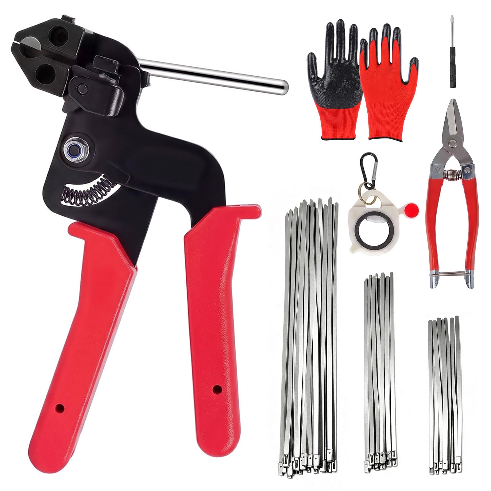 Metal Zip Tie Gun Kit, 157PCS Cable Tie Tool Set with 150 PCS Assorted Stainless Steel Cable Ties, Heavy Duty Cable Tie Tool Set with Work Gloves and Storage Bag for Home Repair, Fences & Pipes