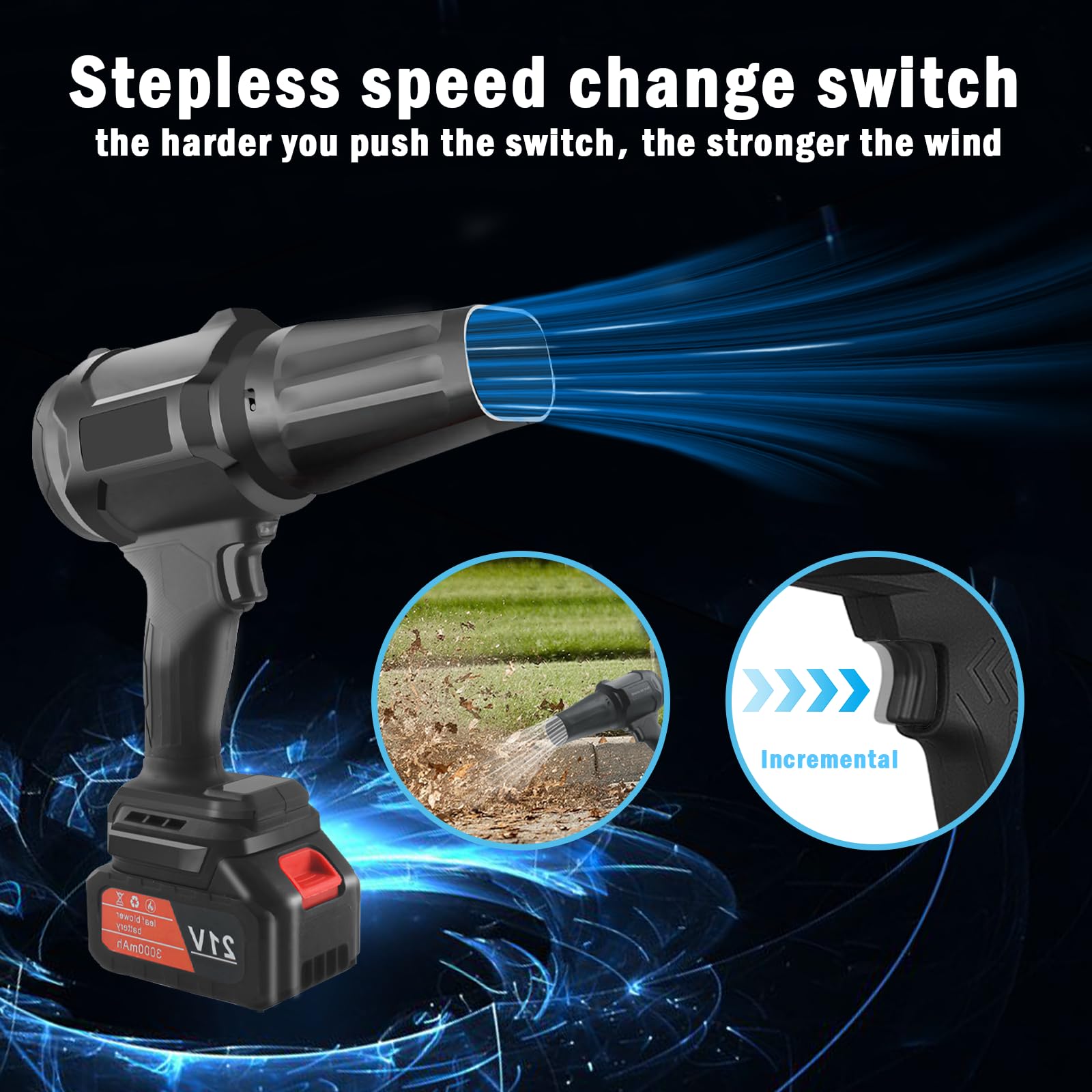 Mini soplador de hojas con 2 baterías de 3000 mAh | Motor sin escobillas de 30000 rpm, Turbo Jet Blower inalámbrico para limpiar el polvo, hojas, agua, nieve
