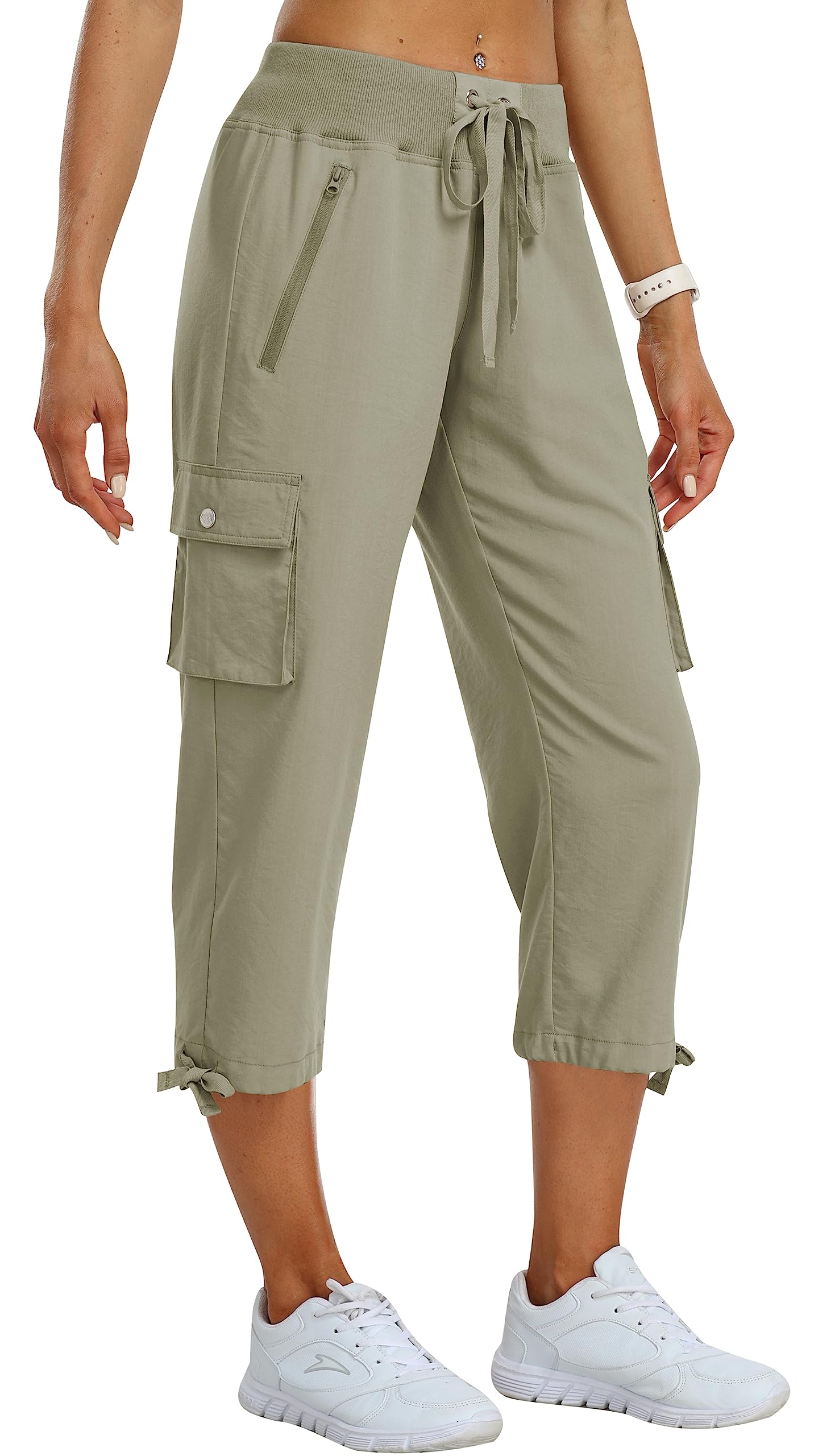 Photo 1 of ***Photo and description for reference purposes only***MoFiz Women's Capri Pant Cargo Hiking Pants Lightweight Quick Dry Running Outdoor Capris for Women Grey Khaki M