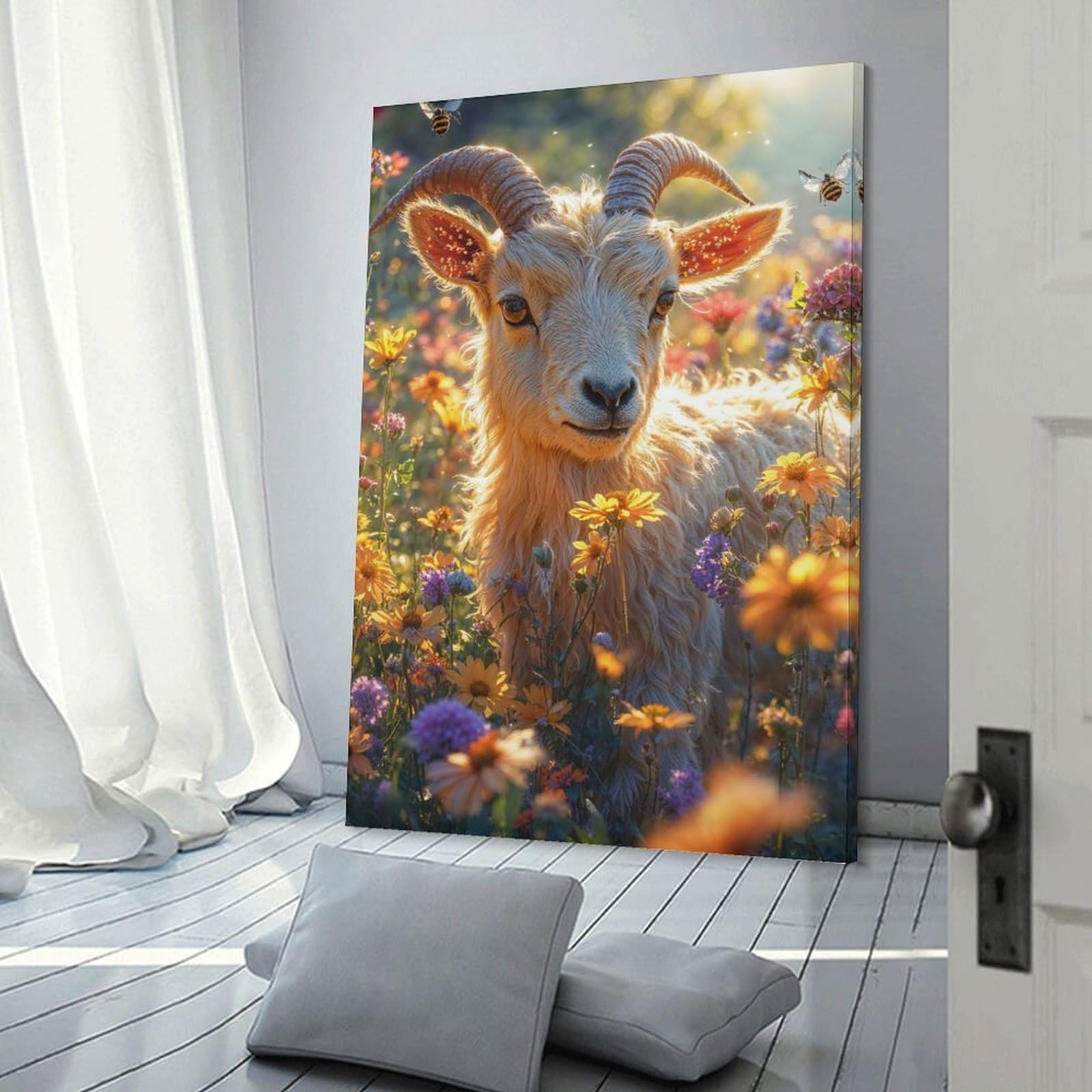 Junmoney Frame-Style-5 Hanging Wall Art Goat In A Flower Field, 24X36inch(60X90cm), For Entryway, Lounge Links Or Small Walls, A Neat Decor Update For Hallways