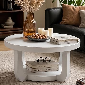 Round Coffee Table, 2-Tier Circle Coffee Table with Storage White