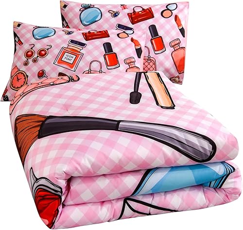 Miniatura 9 de Aimuan Juego de edredón rosa con temática de cosméticos y maquillaje con bolsa de perfume, lápiz labial, patrón de esmalte de uñas, acolchado