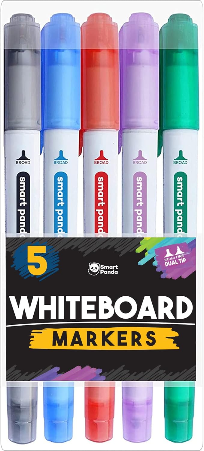 Smart Panda 5 Whiteboard Markers Dual Tip Wipeable Pens, Medium and