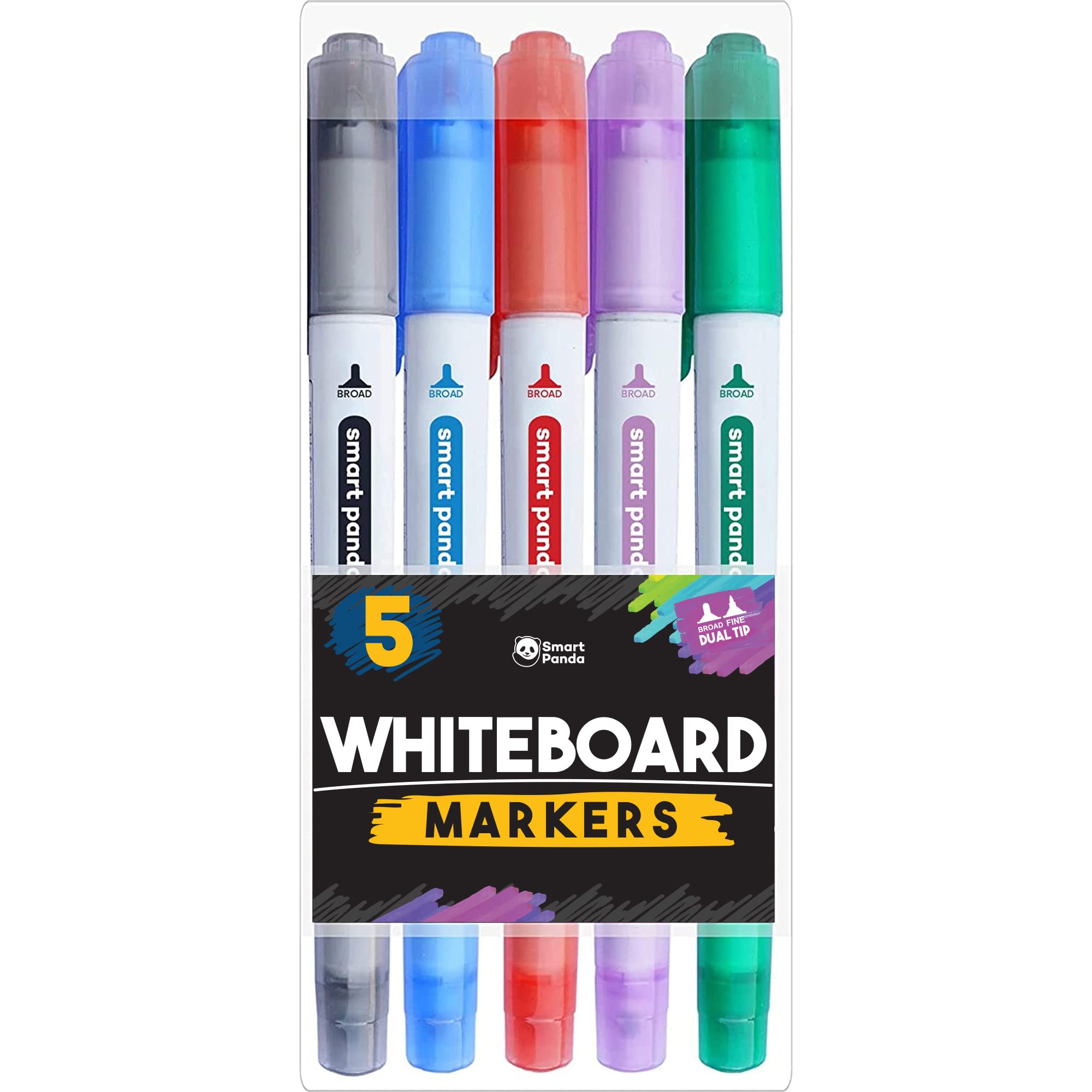 Smart Panda 5 Whiteboard Markers Dual Tip Wipeable Pens, Medium and Fine – Dry Wipe Markers, Perfect for Home, School or Office - 5 Set