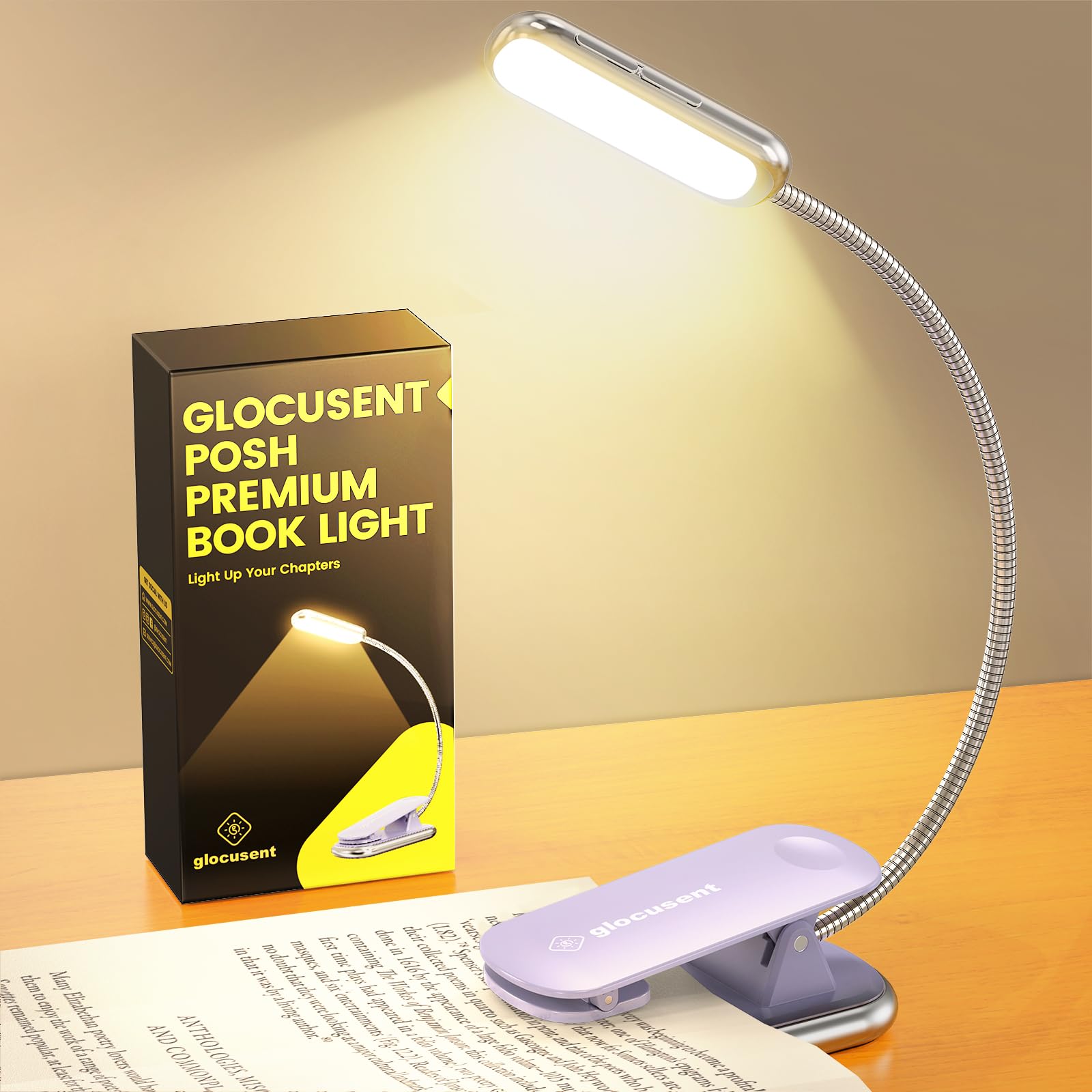 Glocusent Posh Premium Book Light for Reading in Bed with Timer, 16-LED Rechargeable Reading Light Runs 160hrs, 1800K Eyecaring Clip on Book Light, 3 Colors & 5 Brightness Levels, Perfect for Readers