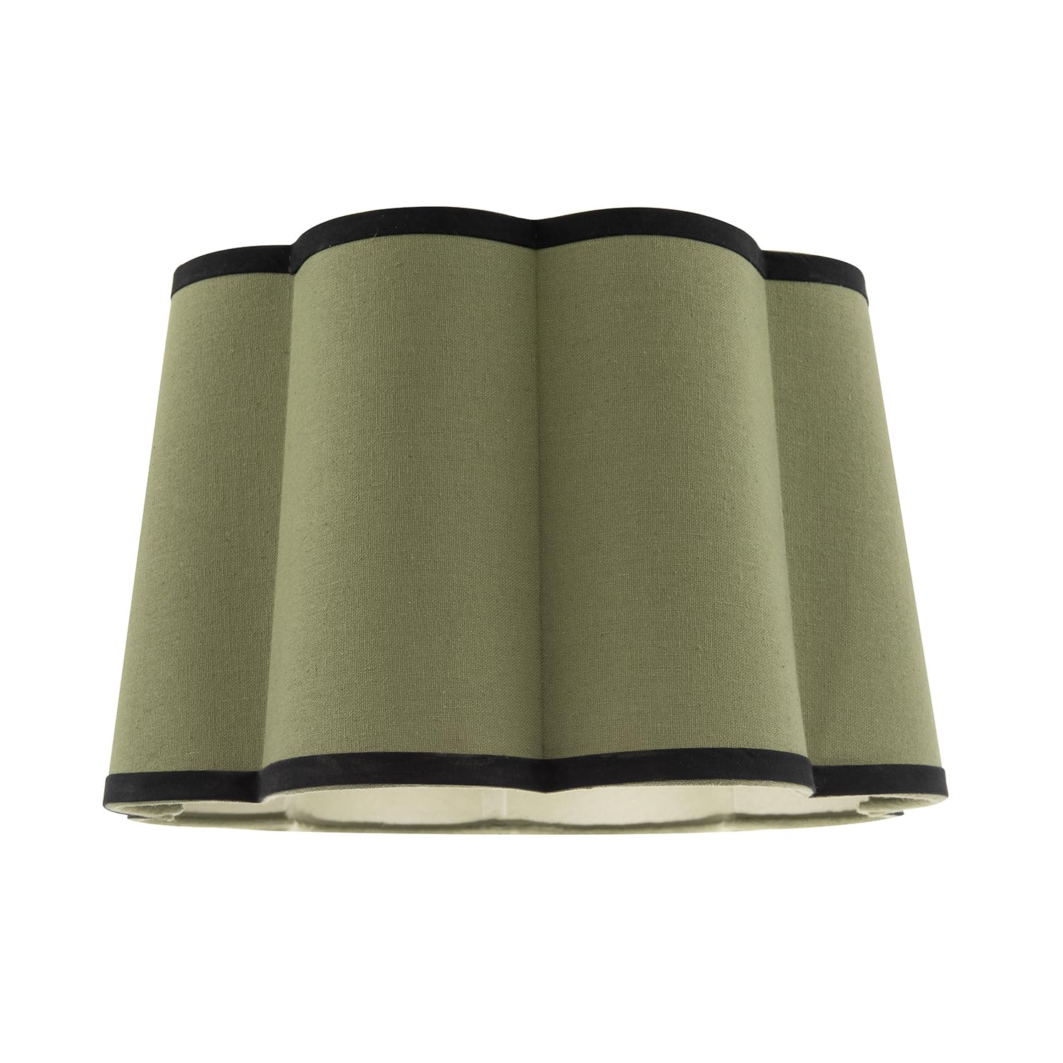 Rackhams Green/Black Olive Linen Scallop Drum Lamp Shade With Cotton Trims