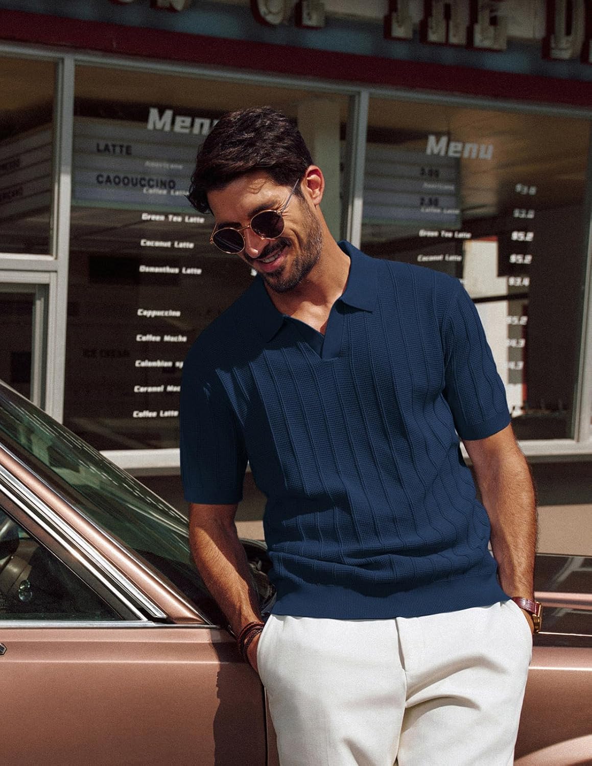 PJ PAUL JONES Mens Polo Shirts V-Neck Knit Polo Textured Summer Shirts - Image 3