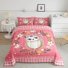 Kawaii Owl Comforter Twin for Girls Boys Kids Cute Animal Bedding Set, Lovely Lattice Bedding Comforters & Sets Multicolor Florals Duvet Set, Pink Love Heart Print Quilt Comforter Soft Cozy