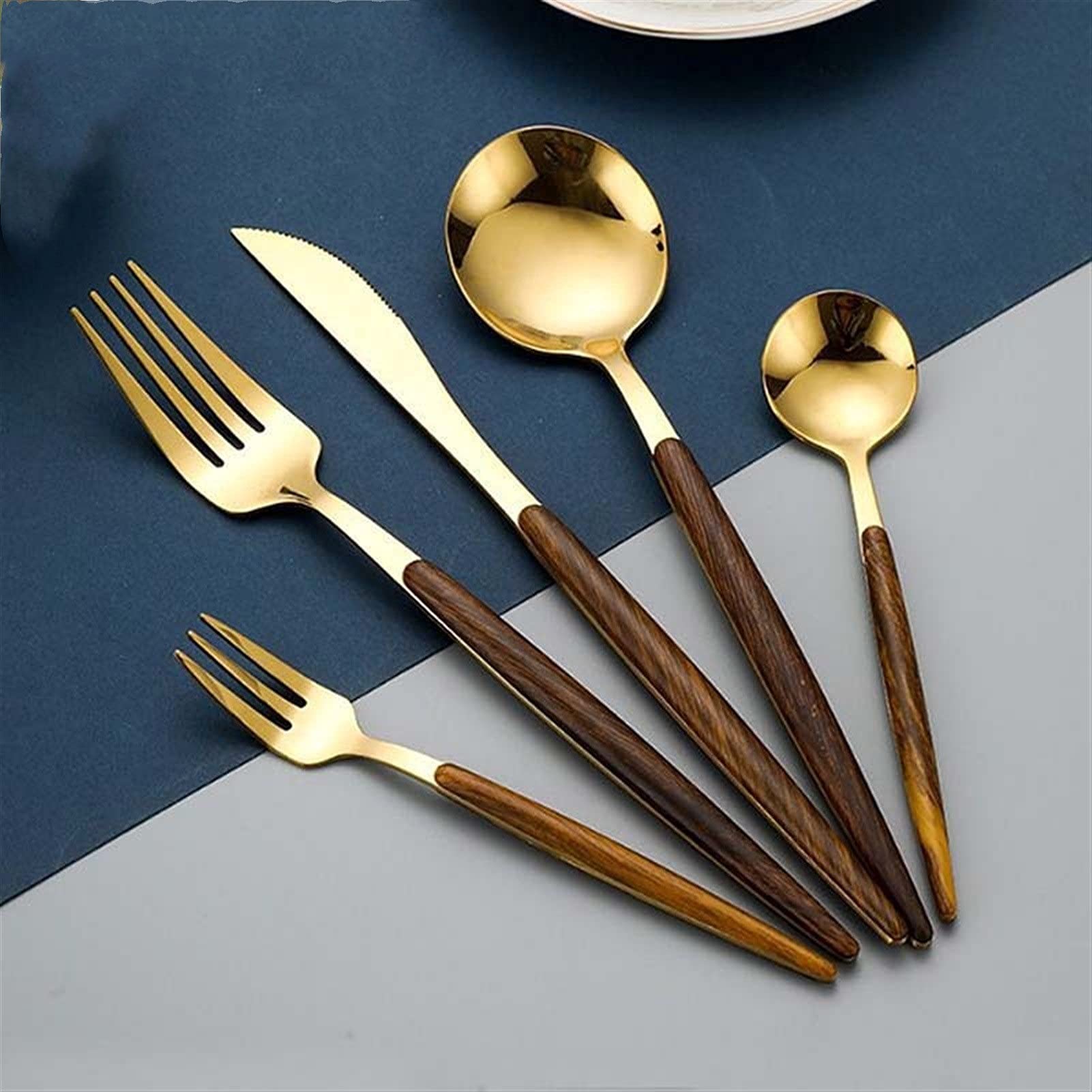 Ensemble de 4 anciens couverts de service de cuisine - anciens ustensiles de cuisine en bois et laiton - France