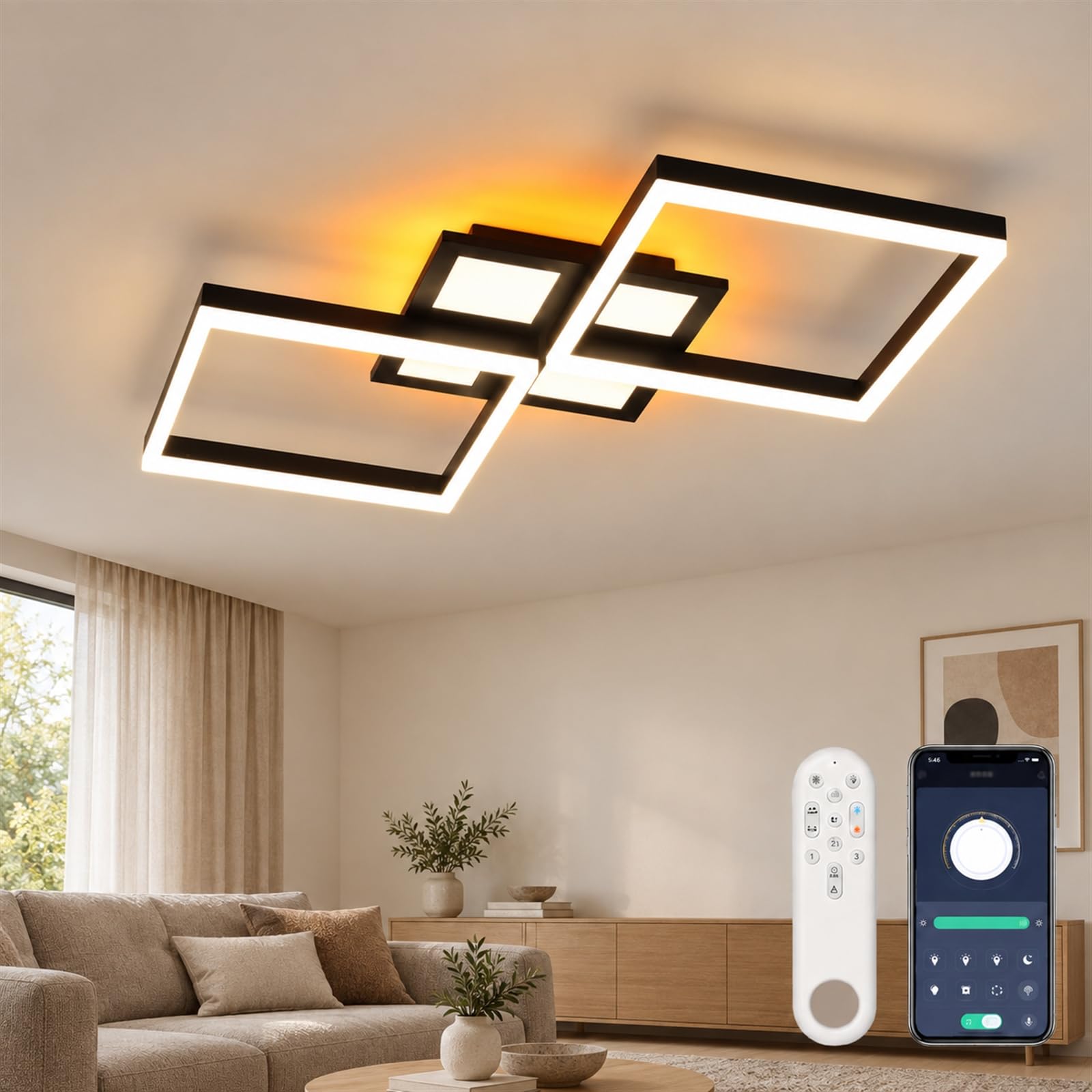 OTREN Plafoniera LED Soffitto Dimmerabile, 55W 86CM Lampadario LED Nero | 3000K-6500K Lampadario Camera da letto con Telecomando e APP, QuadratoModerna Lampada per Soggiorno Cucina Bagno