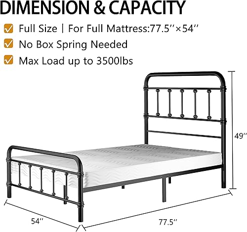 Miniatura 2 de Giselle - Base de cama de tamaño completo con cabecero de metal antiguo vintage, base de colchón con plataforma, 49 pulgadas de alto, no necesita