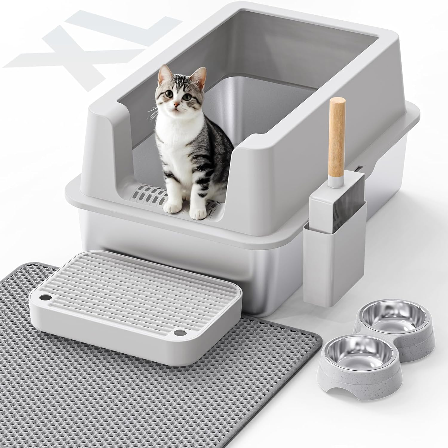 Stainless Steel Cat Litter Box – Enclosed XL Metal Kitty Litter Box with Lid for Big Cats, High Sided, Anti-Leakage, Easy Cleaning, Non-Sticky, Included Litter Mat, Cat Bowl & Spoon