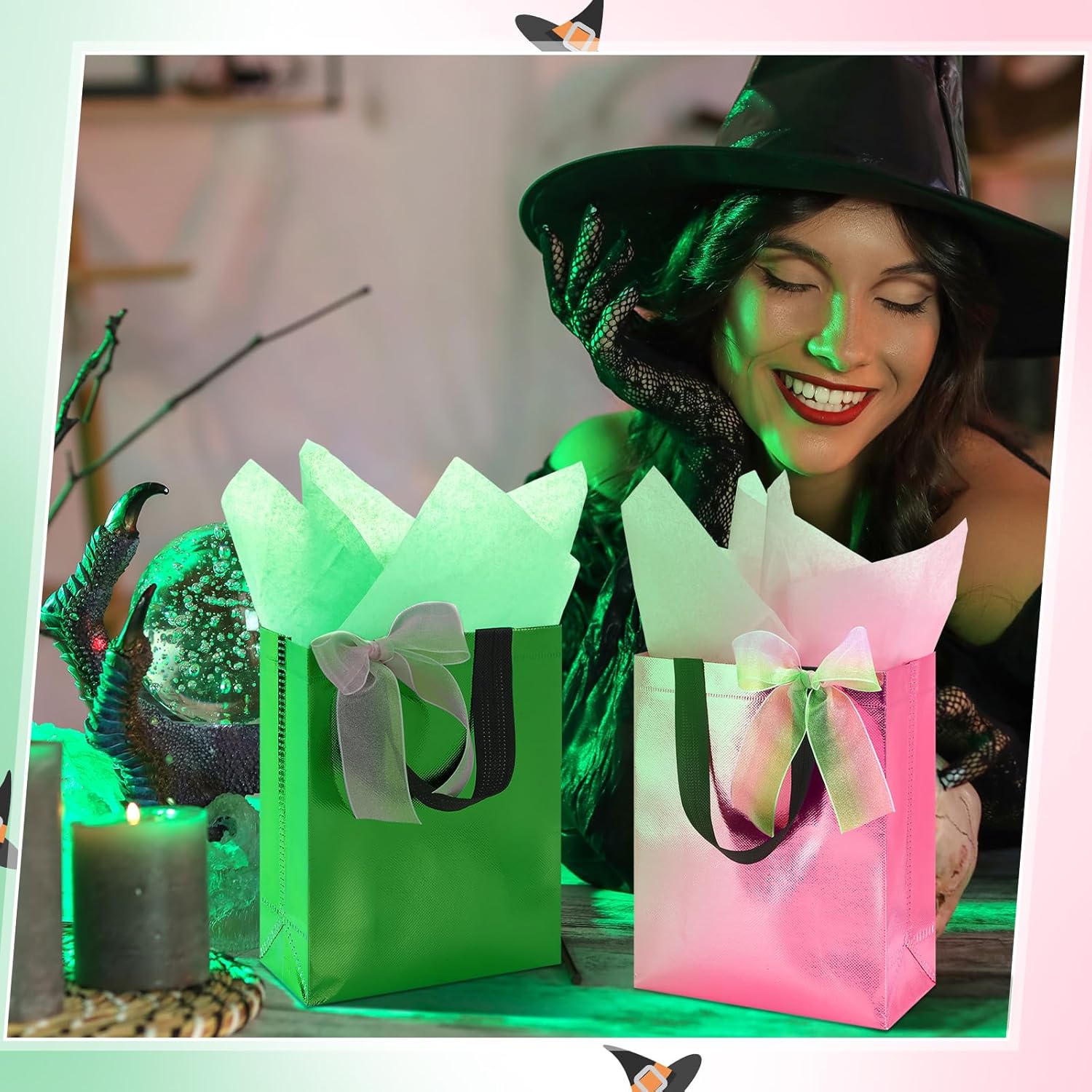 Sweetude 24 Pcs Shiny Green and Pink Reusable Gift Bags with Handles Tissue Paper Holographic Witch Princess Themed Party Favor Bags for Birthday Decorations - Image 6