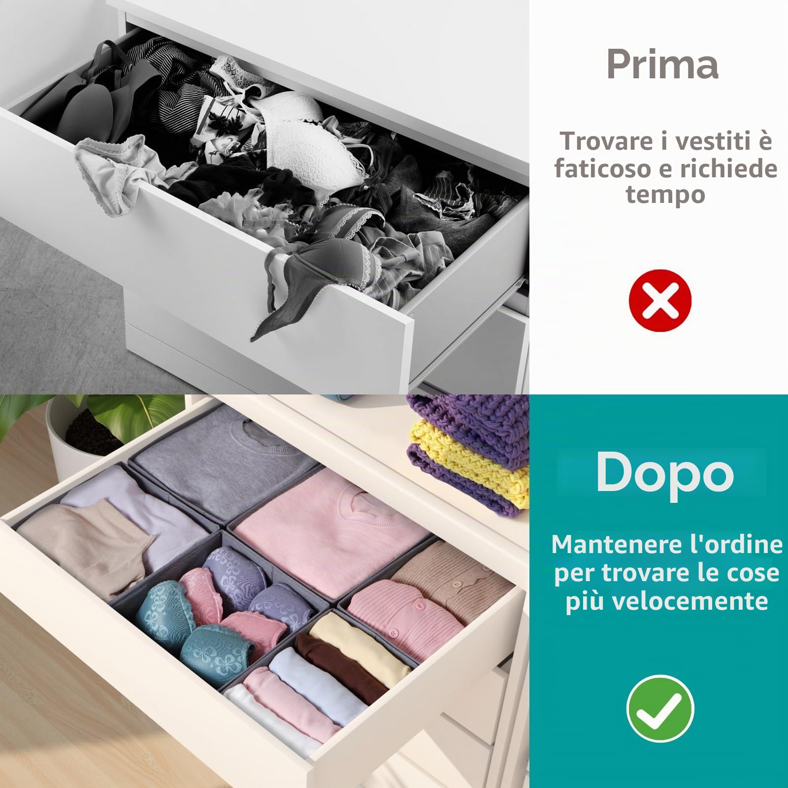 Confezione da 8 organizer per cassetti, pieghevoli, in 2 misure, con base robusta, divisori per cassetti in tessuto lavabile, per biancheria intima, vestiti per bambini, reggiseni, calze