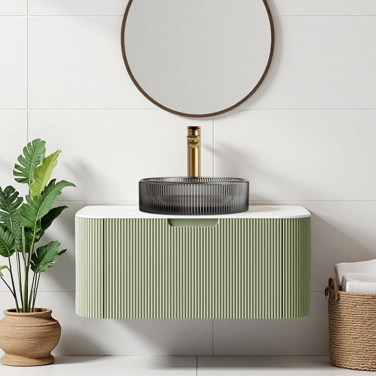 30" Solid Wood Bathroom Vanity with Sink, Floating Bathroom Cabinet with Ultra-Thin Transparent Glass Sink and Marble Countertop, Large Storage Drawer, No Assembly Required, Light Green