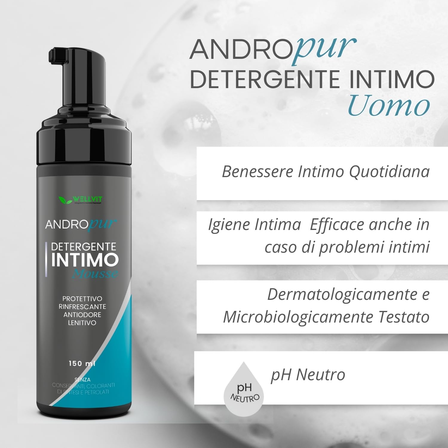 ANDROPUR - Pregiato Sapone Intimo Uomo a pH Neutro in Rinfrescante Schiuma Mousse, Detergente Igiene Intima Uomo Antibatterico Protettivo, Ingredienti Naturali e Antiodore, Made in Italy(150ml)