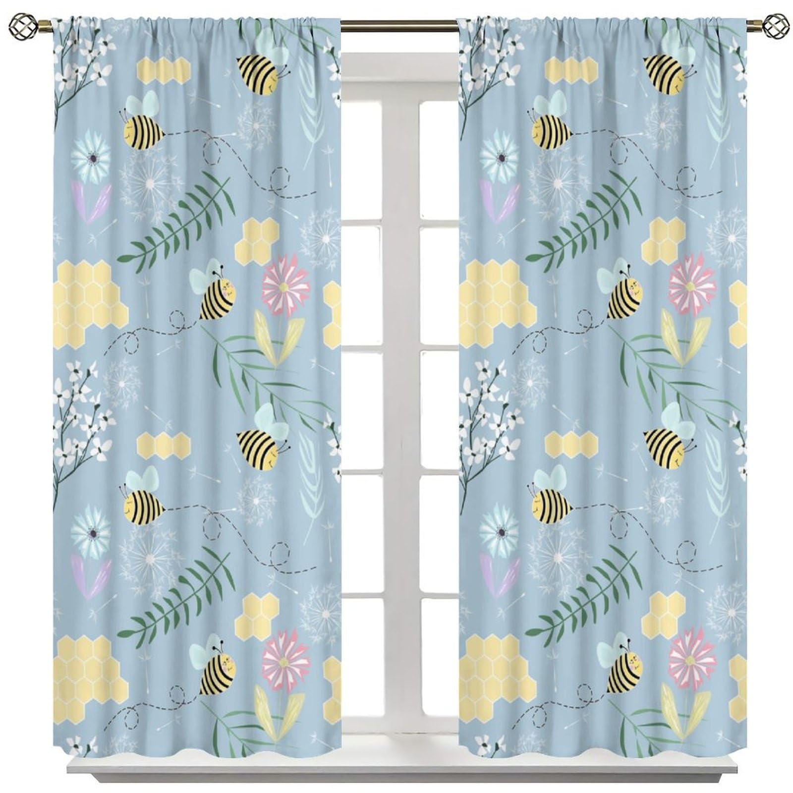 ICMOLYYENLO Bee Blackout Curtains Cartoon Flying Bees Daisy Honey Chamomile Flowers Spring Animal Print Living Room Bedroom Cafe Heat Insulation