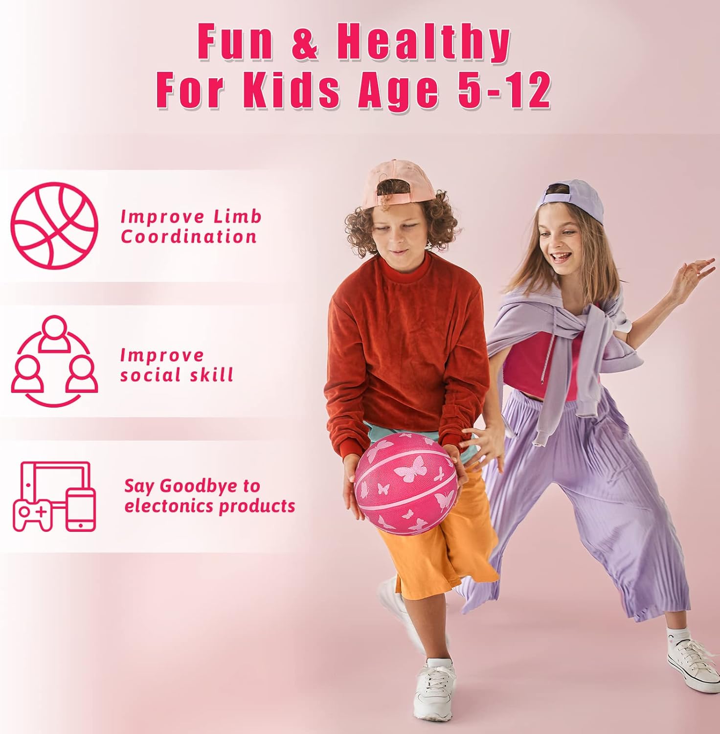 Basketballs Size 5 for Girls, with A Storage Bag, Durable Soft Touch Rubber 27.5inches Basketball for Youth Kids Skills Practicing Outdoor Back to School Birthday Gifts