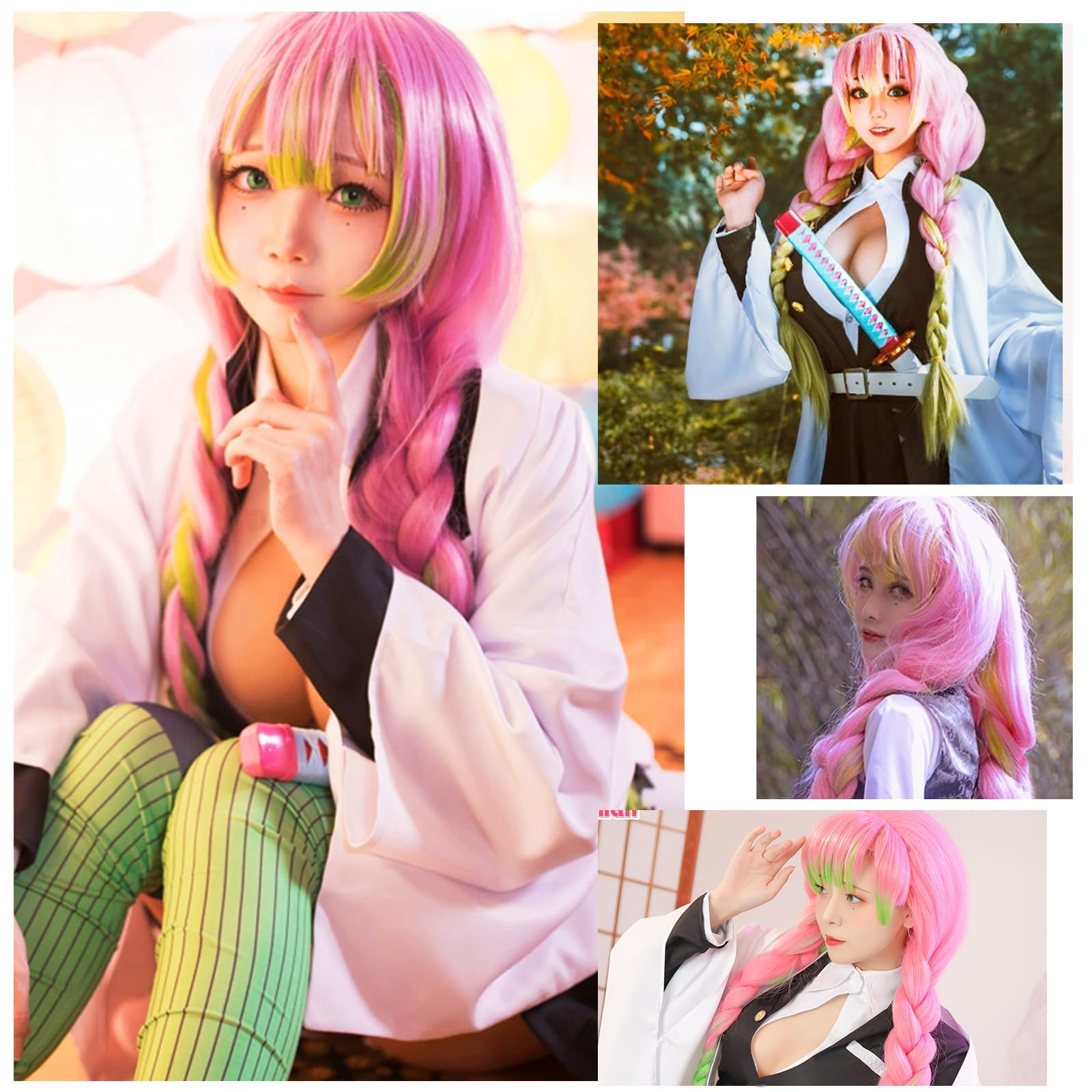 Anime Kanroji Mitsuri Cosplay Perücke für Damen, Mitsuri Cosplay Wig, Rosa Grün Perücke Charakter Verkleiden Lange geflochtene Perückes Passend, für Mädchen Halloween Karneval Kostüm Party